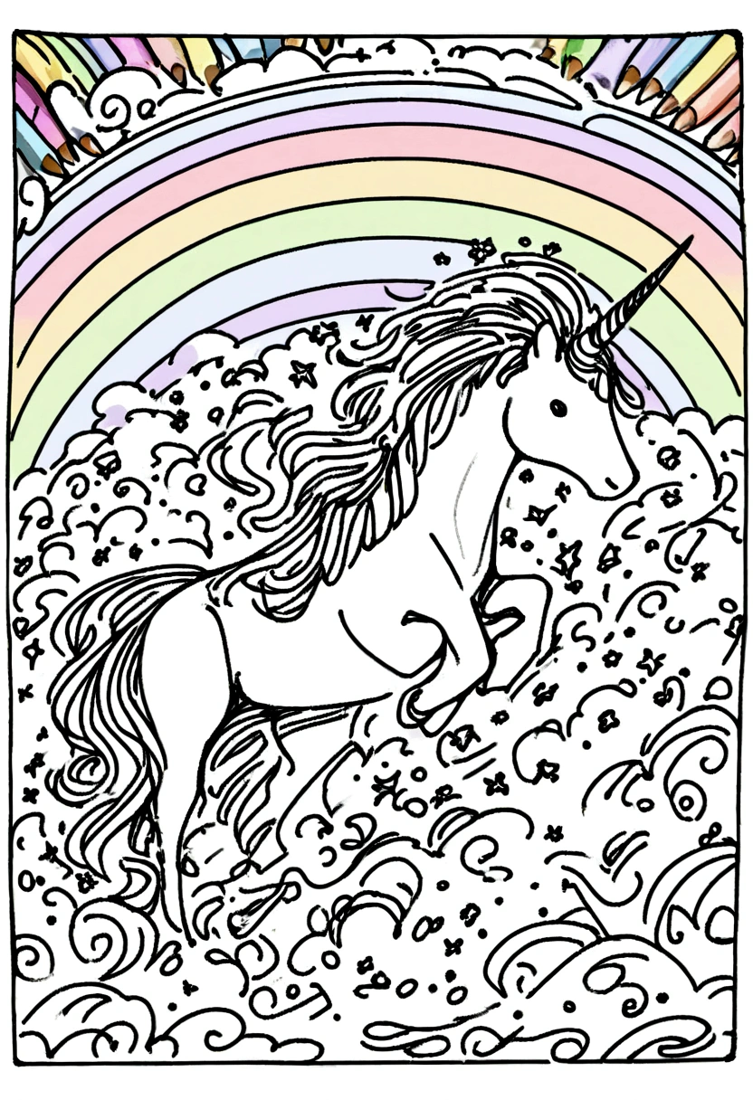 unicorns surrounded by clouds and rainbow ,coloring page for kids,