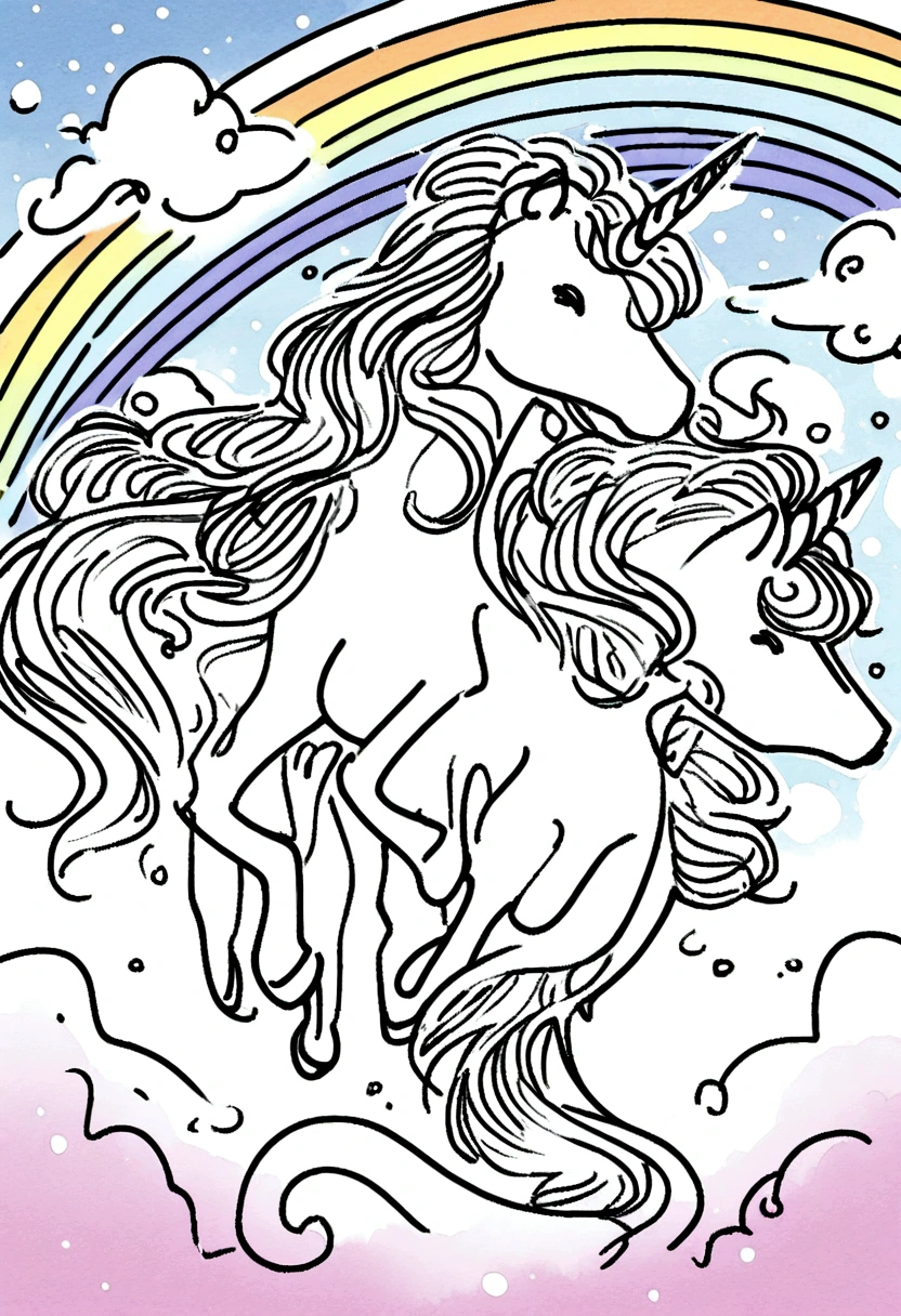 unicorns surrounded by clouds and rainbow ,coloring page for kids,