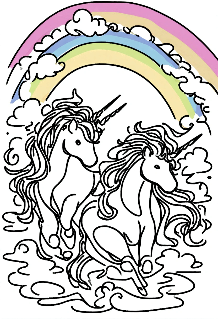 unicorns surrounded by clouds and rainbow ,coloring page for kids,