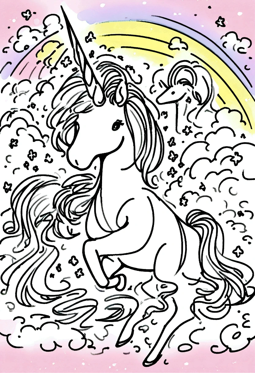 unicorns surrounded by clouds and rainbow ,coloring page for kids,