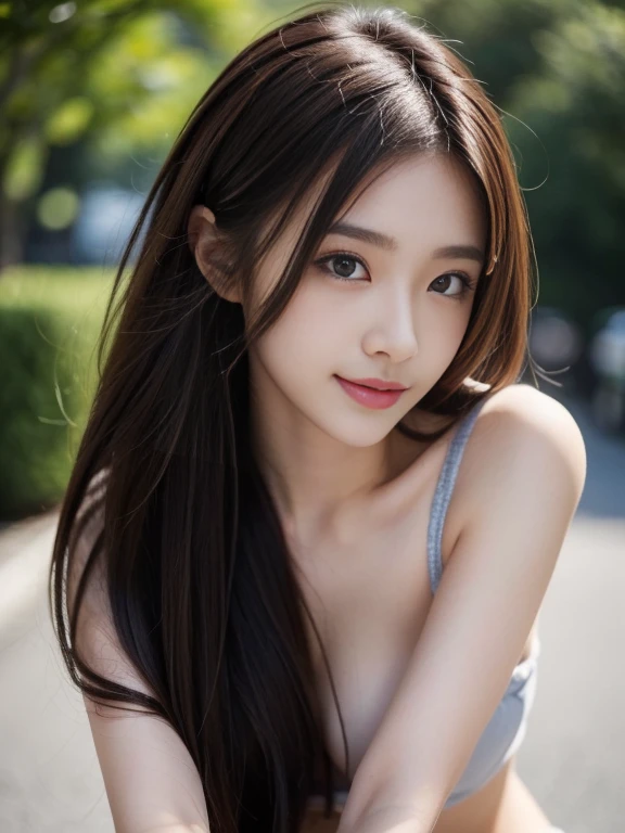 super high quality, (8k, RAW Photos, highest quality, masterpiece:1.2), Fashion Model, Slender, Japanese gal, Serious expression, brown hair, Stylish, Fashion magazine shooting, ultra-detailed, perfect face, perfect symmetrically perfect eyes, perfect full lips, flexible female form, Realistic, Photorealistic:1.3, Beautiful Face, light brown hair, messy hair, Beautiful hairstyle, Normal chest, (full body), (smile), nsfw