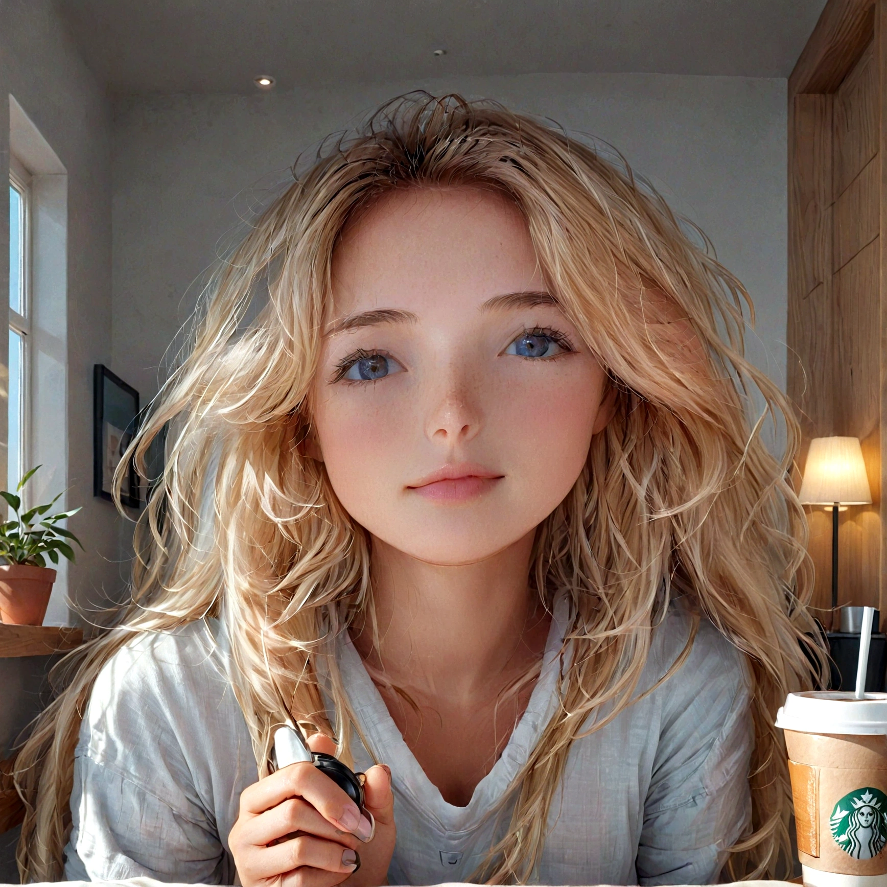photoreallistic, Best quality, hyper detailed, belle femme aux cheveux blonds naturels, Photo selfie, Haut du corps, seulement, wearing casual clothing, dedans, (Matin), coffee shop, coffee cup, (relaxed), skin texture with 30G perky breasts visible under clothing, grain du film, Gros plan, ultra highres, Meilleure ombre, .RAW, instagram LUT salade de fruit repas