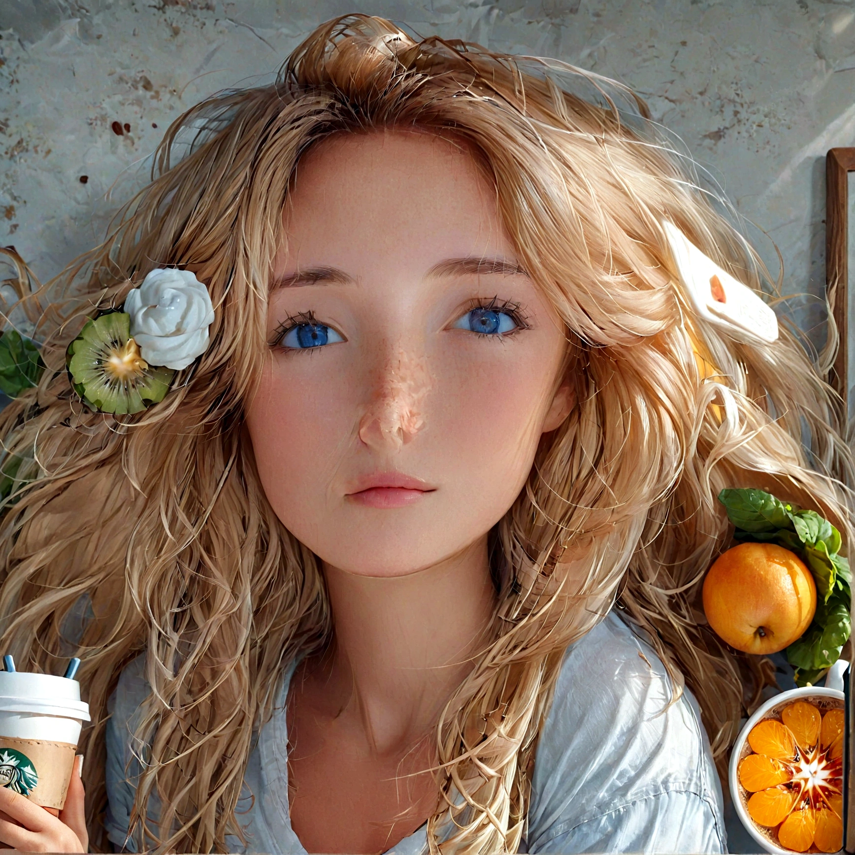 photoreallistic, Best quality, hyper detailed, belle femme aux cheveux blonds naturels, Photo selfie, Haut du corps, seulement, wearing casual clothing, dedans, (Matin), coffee shop, coffee cup, (relaxed), skin texture with 30G perky breasts visible under clothing, grain du film, Gros plan, ultra highres, Meilleure ombre, .RAW, instagram LUT salade de fruit repas