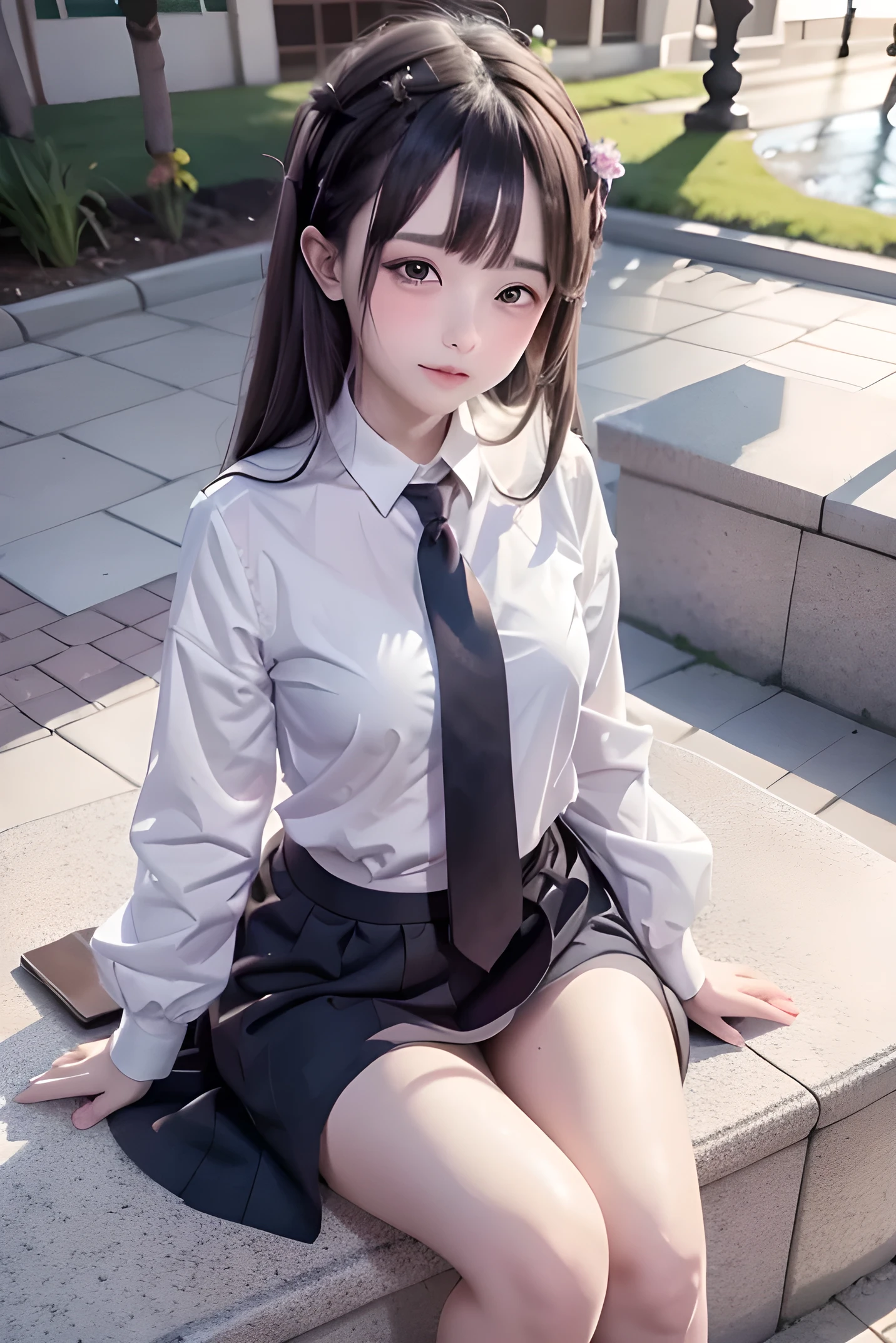 (masterpiece、highest quality、High resolution、8K)、Intricate details、(uniform)、(Long sleeve、White shirt、Navy blue tie、Grey cardigan)、mini skirt、pretty girl、、Detailed face、Detailed eyes、Pale pink lips、Moist eyes、Moist lips、smile、The corners of the mouth are raised、Sitting on a leisure seat、A park with cherry blossoms falling in the background