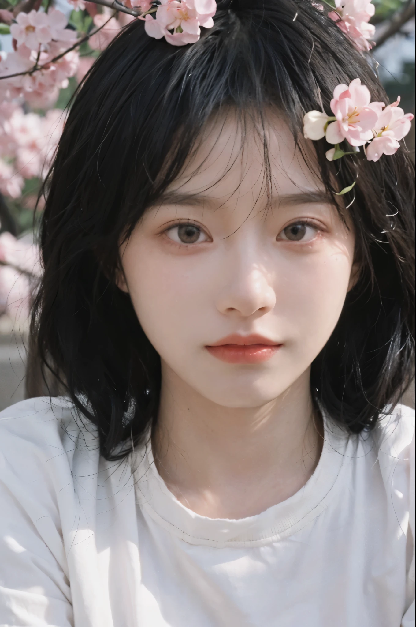 best quality， ultra high resolution， White background，（realistically：1.4）， 2 girls， White short sleeves，twin? Cherry blossom rain，A pair of eyes as clear as snow,Royal sister，looking at the audience， close up ，