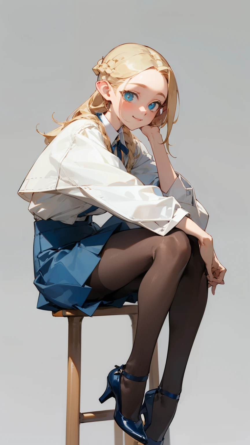 (masterpiece), ((best quality)), (super detailed), (beautiful eyes beautiful details eyes, Clean and delicate face), (whole body, sitting high stool), Single Braided blonde pony tail, parted bangs, forehead, blue eye, smile, wearing blouse and mini skirt, pantyhose, thigh, high heels, simple color background
