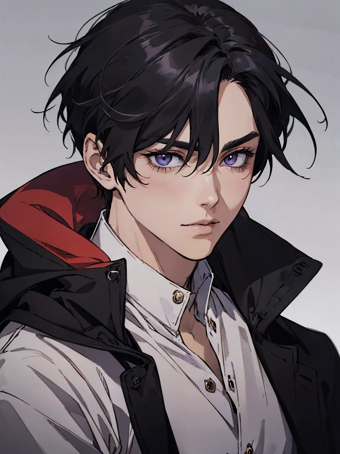 anime boy with black hair and purple eyes in a balck jacket, young anime man, anime portrait of a handsome man, anime style character, male anime style, in anime style, male anime character, anime style portrait, handsome anime ma, semi-realistic anime style, anime style, vector shaded anime, Kentaro Miura Manga Art Style, purple eyes, 19-year-old male,