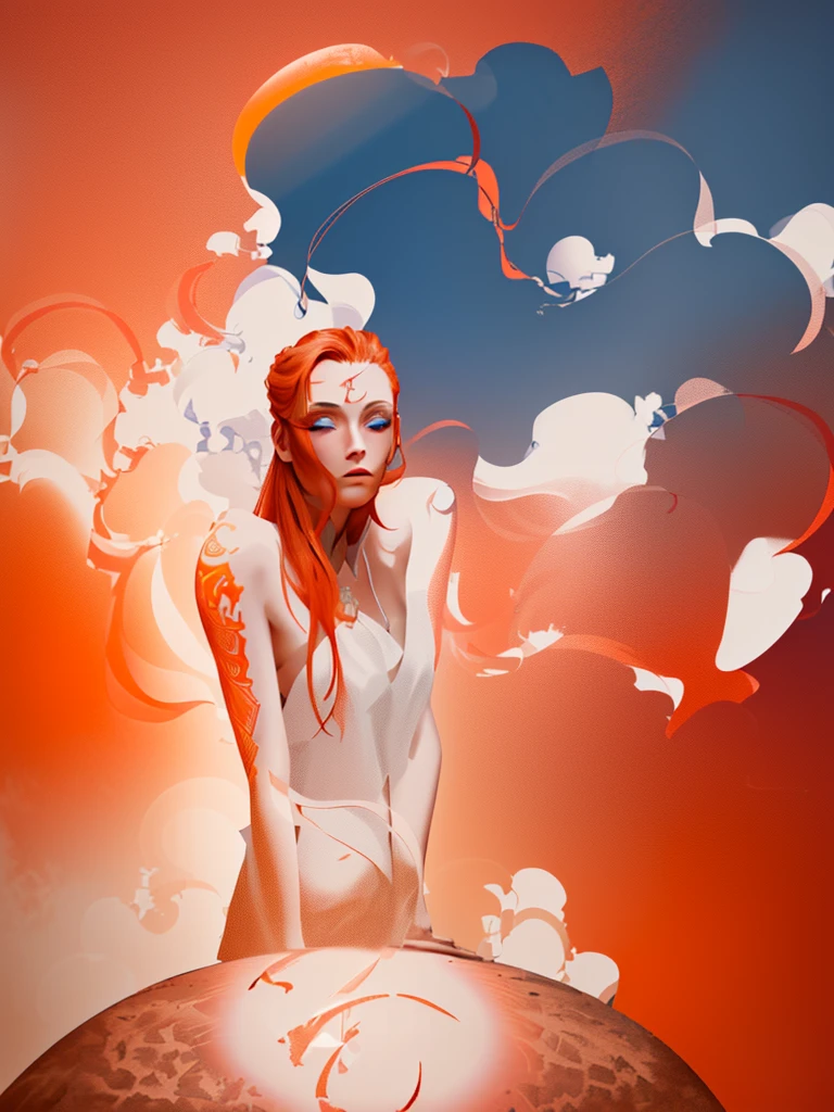 master piece, 8k detail, Beautiful nude red haired woman leaning on top of a grey stone sphere with a vapor and white smoke, blue eyes, red tattoo on forehead, tattoo on both shoulders (no other tattoo on arms or body), blue eyes, blue ribbon across her breasts, concept piece, grey stone sphere is being heated inside, glowing orange/ yellow hot Greek Letter small 't' on hot grey stone sphere, white smoke (vapor) and dirty white smoke rising in a RED sky (red sky only), light source 12 noon.
