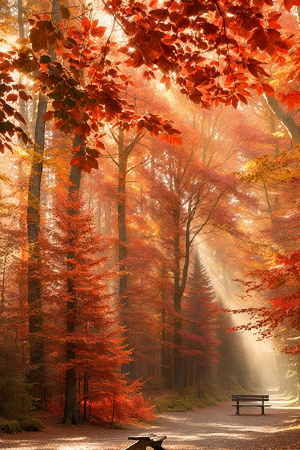 trees with red leaves and a bench in the middle of the forest, red forest, autumn forest, Soft autumn sunshine, in the autumn forest, Autumn sunbursts, Bright forest, Autumn Light, Beautiful forest, in autumn, The Burning Forest of trees, Redwood trees, Epic red - orange sunlight, The Burning Forest, Beautiful forests and trees, Magic Leaves Fall