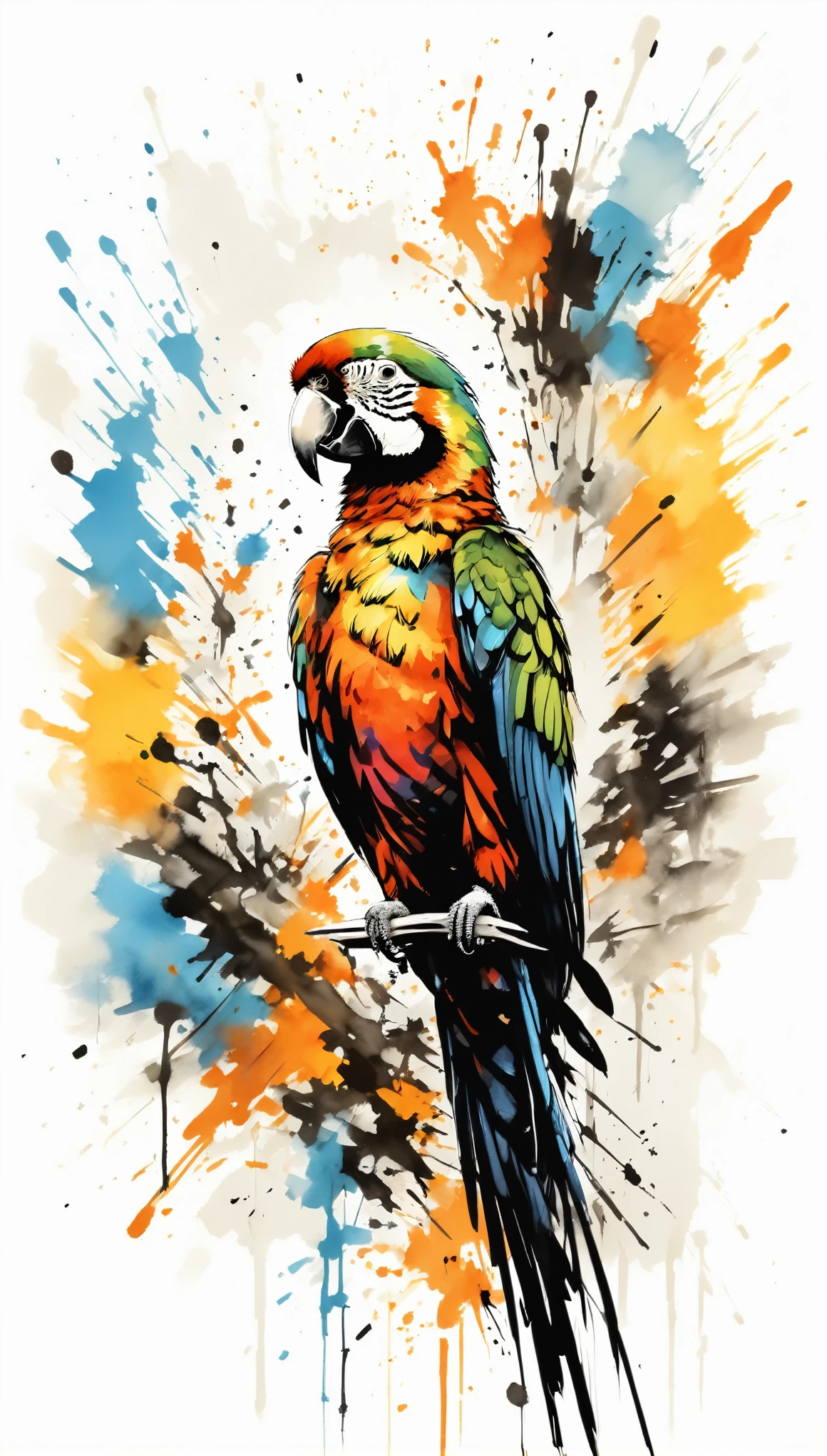 Vector Art, Colorful illustration with many parrots, In the center, Vibrant colors,Graffiti Art,ink splatter,Wild and unrestrained,rich and colorful,visual impact,Modern aesthetic super detailed,