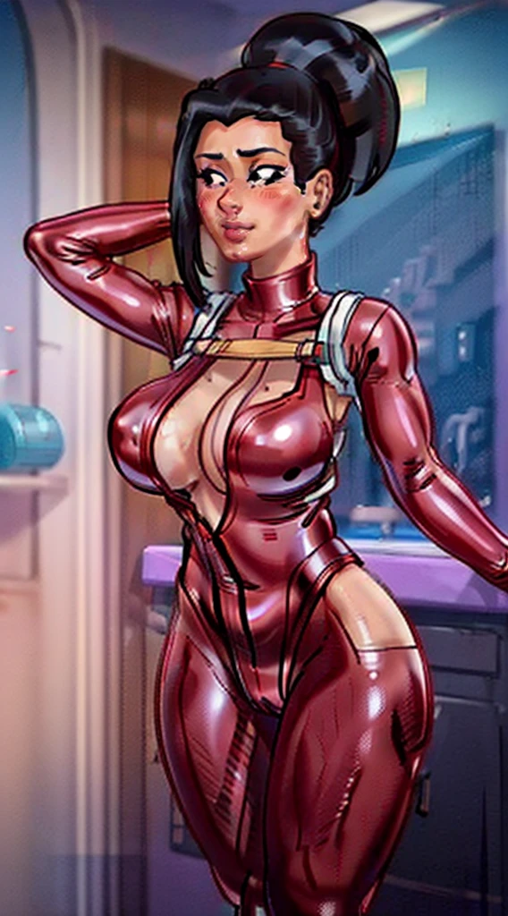 (melhor qualidade:1.3), yaoyorozu momo, peituda, decote, bikini leotard, sedutor, sensual, curvy body, Peitos grandes, ((Red Latex Body Suit)), ((cidade))