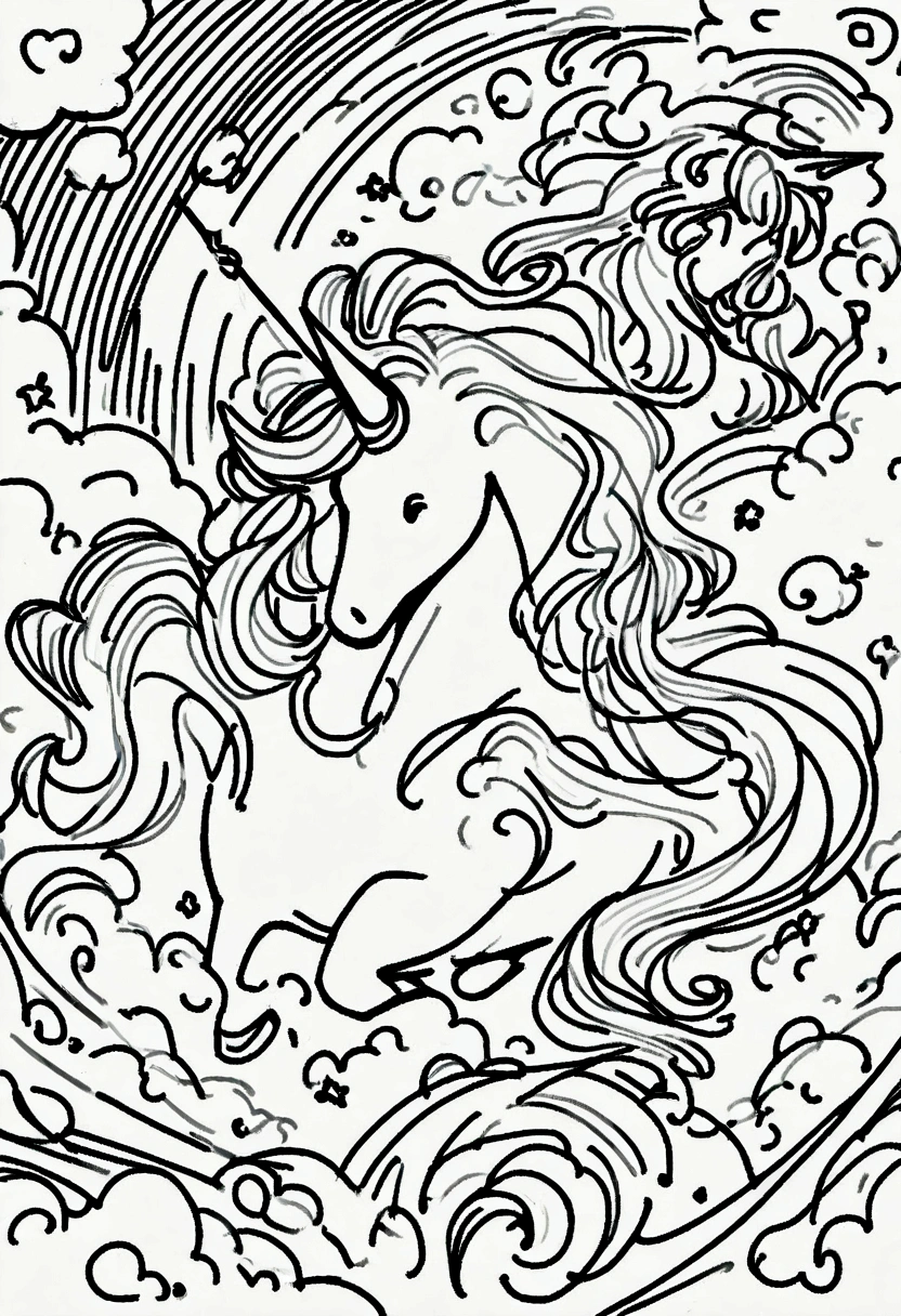 unicorns surrounded by clouds and rainbow ,coloring page for , no color
