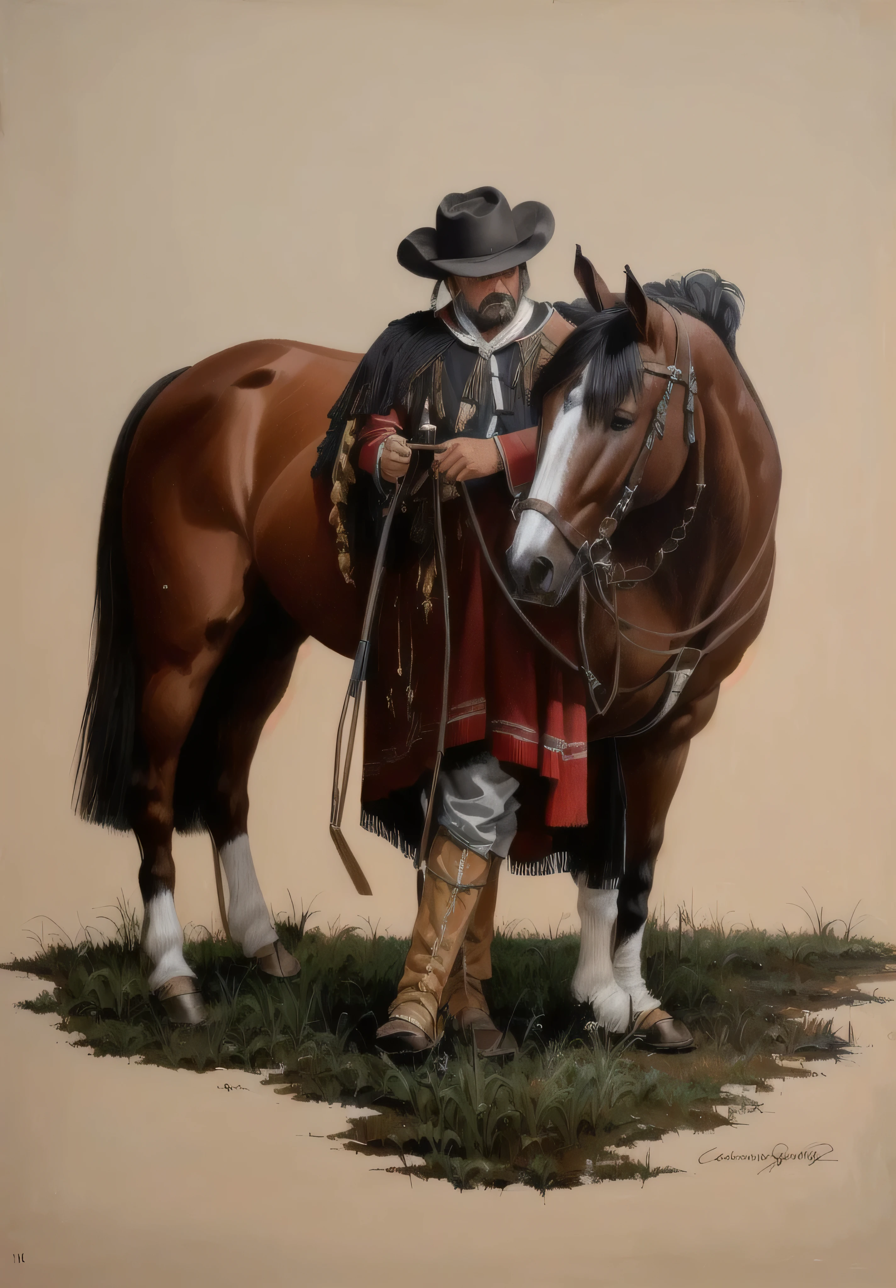 painting of a man in a vaqueiro outfit standing next to a horse, mexican vaquero, pintura ocidental, arte ocidental, vaqueiro portrait, portrait of a vaqueiro, inspirado em Frederic Remington, vaqueiro, painting oil on canvas, painted in high resolution, homem fantasiado de cavalo, highly detailed oil painting, master oil painting, por Carlos Enriquez Gomez