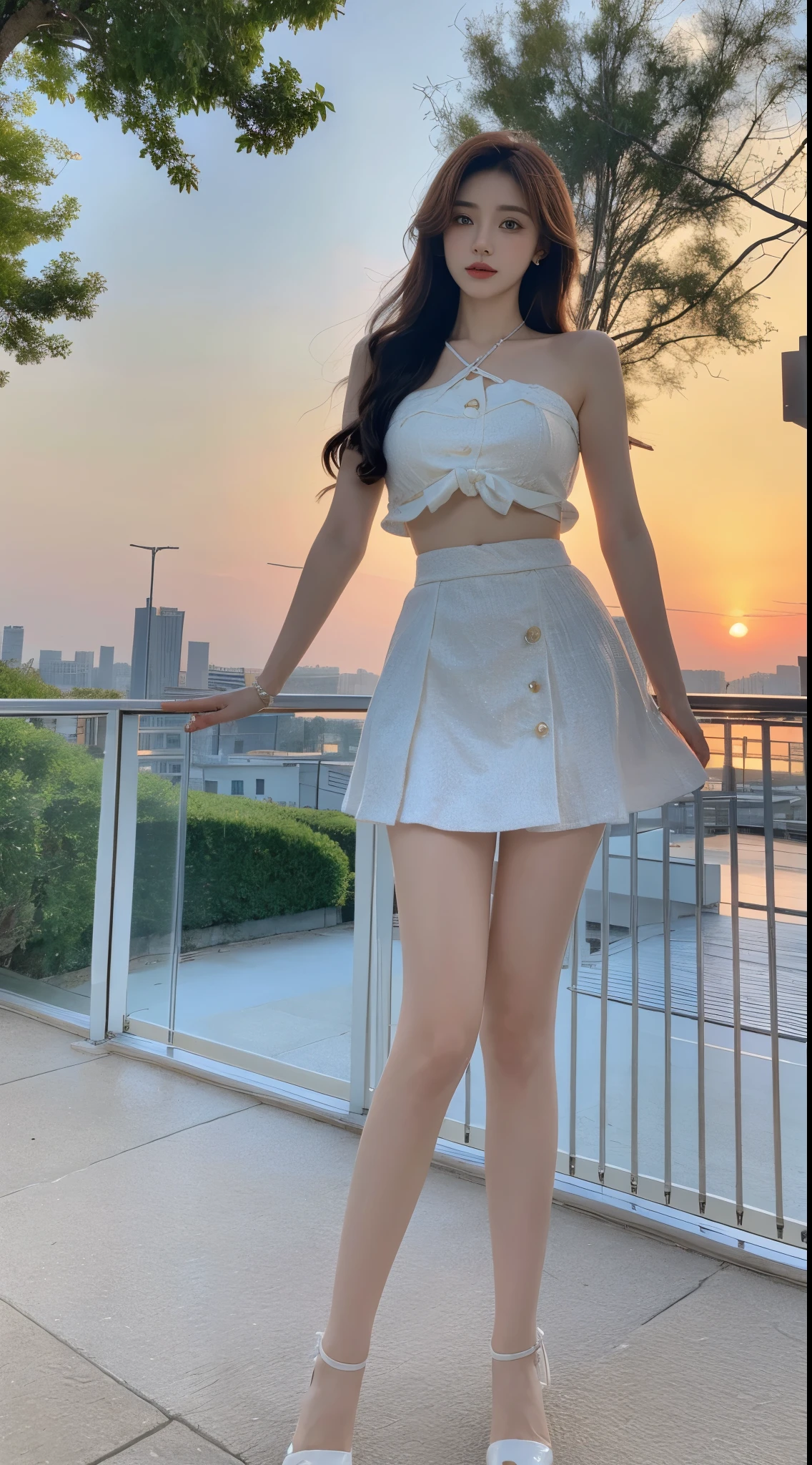 1girl,short skirt,Two piece fashionable outfit, ((masterpiece, 32k,8K,wallpaper, high resolution, Ridiculous resources,RAW photos,)), ((Bare shoulders)), ((The skirt is short)), ((Sexy long legs)), (realistically:1.5),(Light),(Detailed fingers),(High Detail Skin:1.Red Eyes),1個Giant Breast Girl,Solitary, Winters, Yuki, Lace pantyhose,(Huge grab),twiLight,Colorful Clouds,wind,Flying hair,