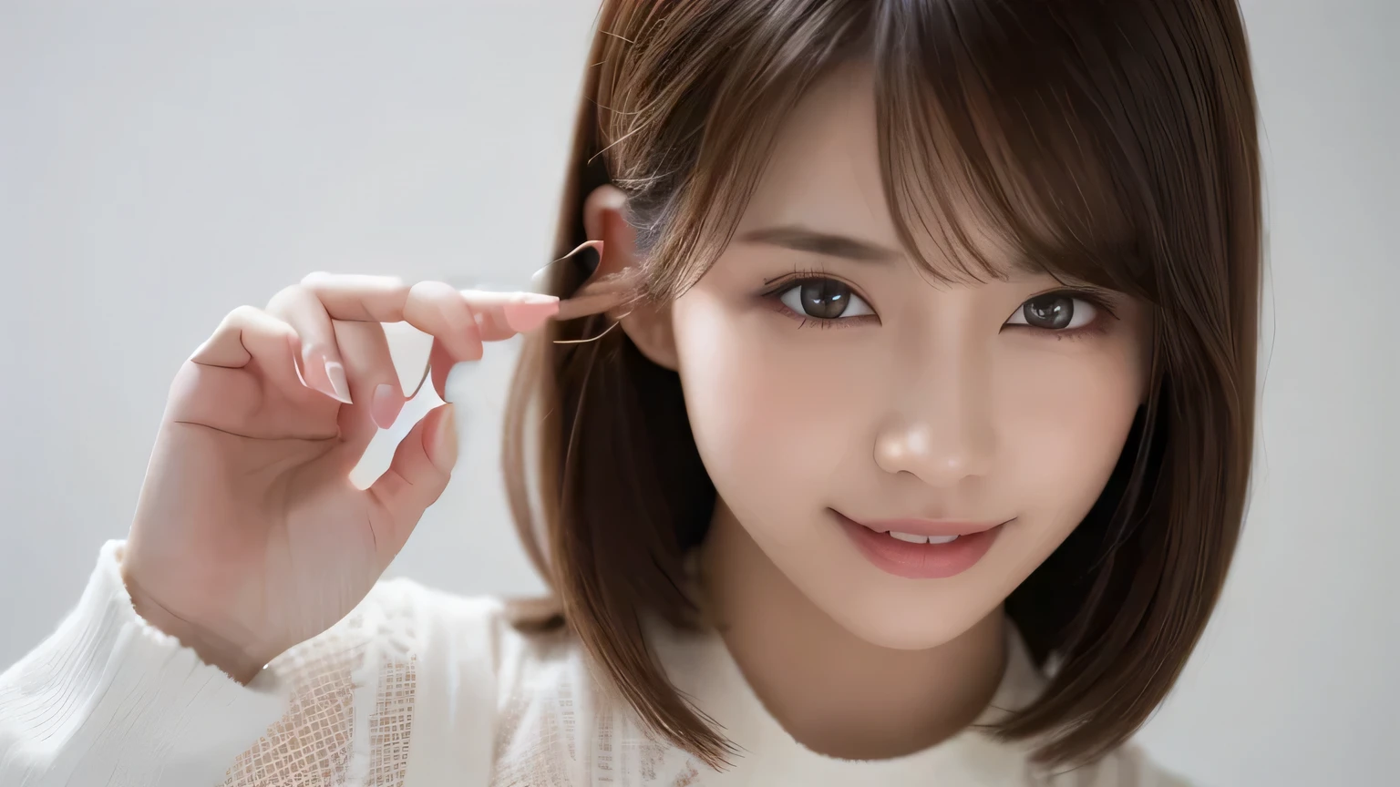 One Girl, (Wear trendy fashion:1.2), (RAW Photos, highest quality), (Realistic, Realistic:1.4), Tabletop, Very delicate and beautiful, Very detailed, 2k wallpaper, wonderful, In detail, Very detailed CG Unity 8k wallpaper, Very detailedな, High resolution, Soft Light, Beautiful detailed girl, Looking into the camera、Very detailedな目と顔, Beautiful and detailed nose, Beautiful details, Bob Hair, small, White clothes、White Background、Background is white、Cinema Lighting, Perfect Anatomy, Slender body, smile, 、Rin々Fresh eyebrows、Black thick eyebrows、Big sparkling eyes、Clear black pupils、