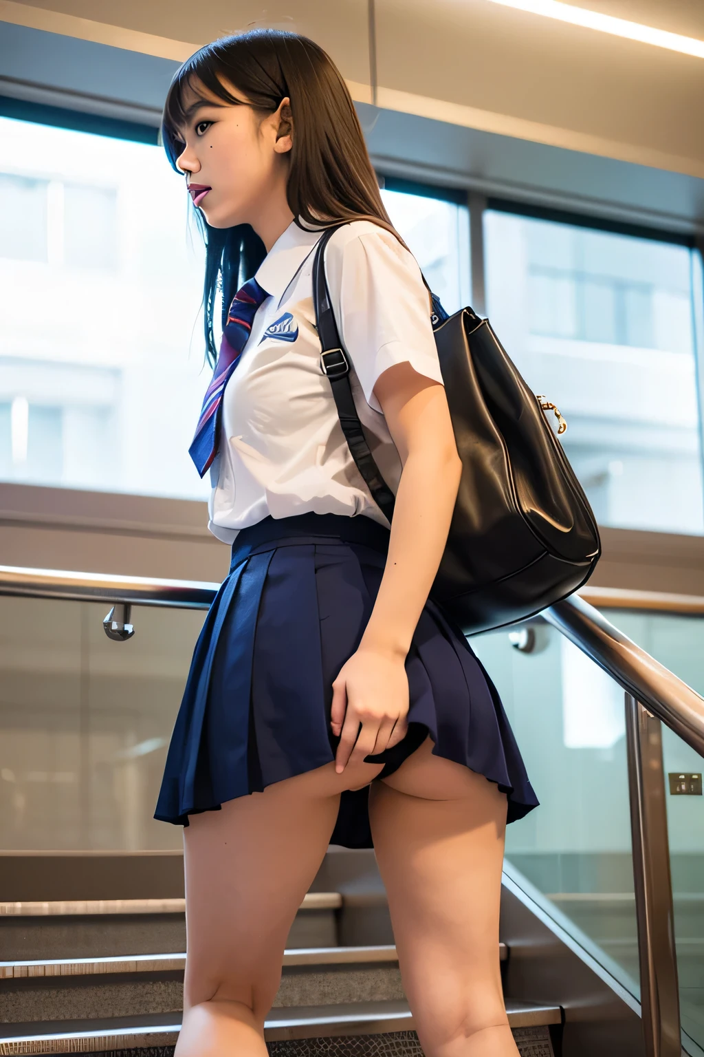 nsfw, 1girl: 20yo, standing on the escalator, (school uniform), ((lift skirt))), ((show panty)), vaginal, pussy, ((from bottom)), ((highest quality)), ((masterpiece)), (detailed), Perfect Face