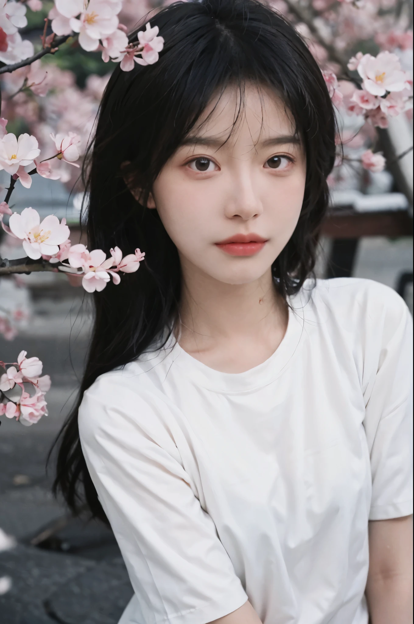 best quality， ultra high resolution， White background，（realistically：1.4）， 2 girls， White short sleeves，twin? Cherry blossom rain，A pair of eyes as clear as snow,Royal sister，looking at the audience， close up ，