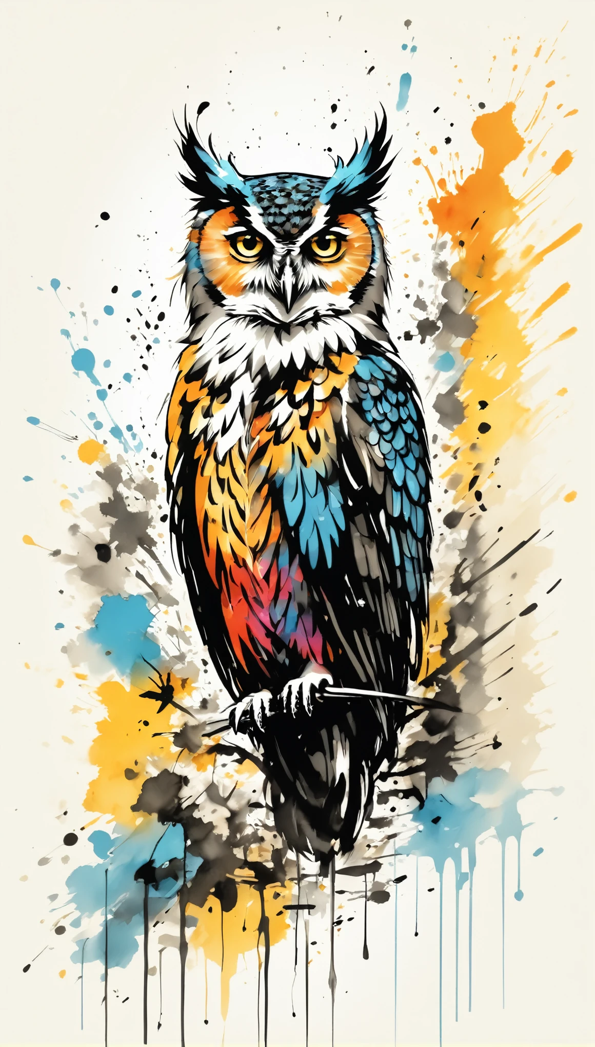 Vector Art, Colorful illustration with many owls, In the center, Vibrant colors，Graffiti Art，ink splatter，Wild and unrestrained，rich and colorful，visual impact,Modern aesthetic super detailed,
