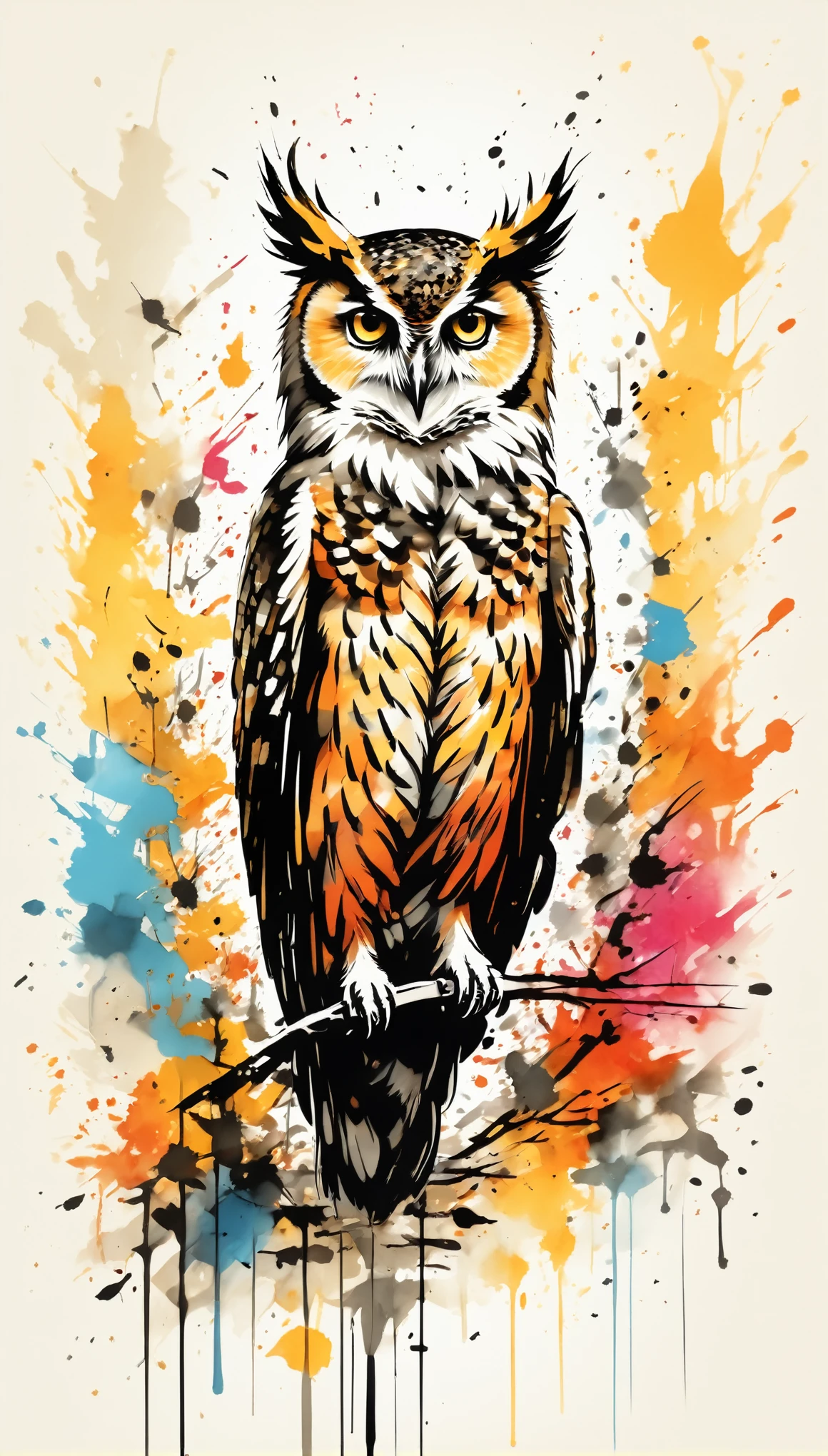 Vector Art, Colorful illustration with many owls, In the center, Vibrant colors，Graffiti Art，ink splatter，Wild and unrestrained，rich and colorful，visual impact,Modern aesthetic super detailed,
