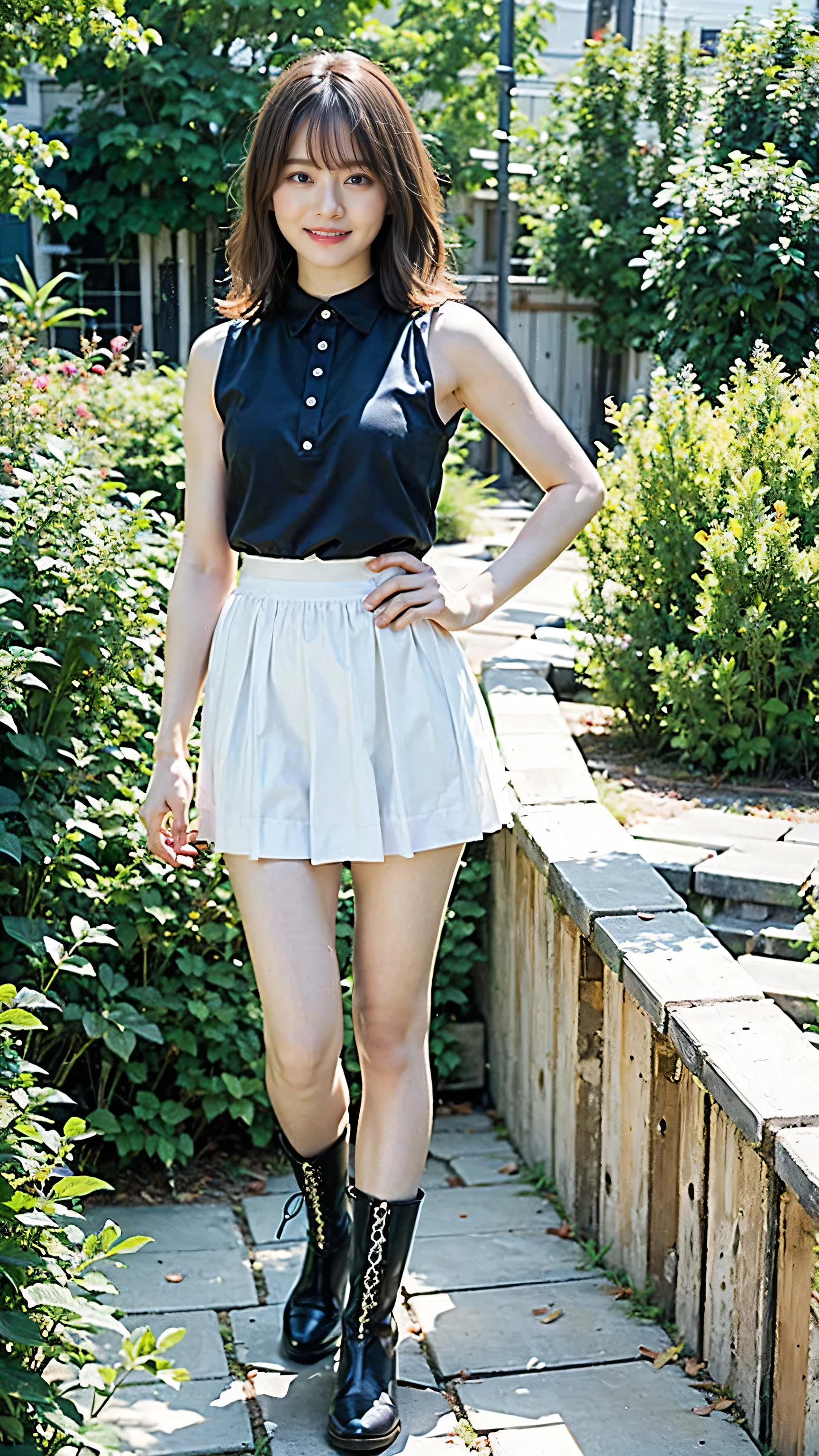 (8k、RAW Photos、highest quality、masterpiece:1.2)、(Realistic、Realistic)、1 girl、((mini skirt、boots、Sleeveless、smile、garden、Black and white、View from the front、Standing with hands on hips))、