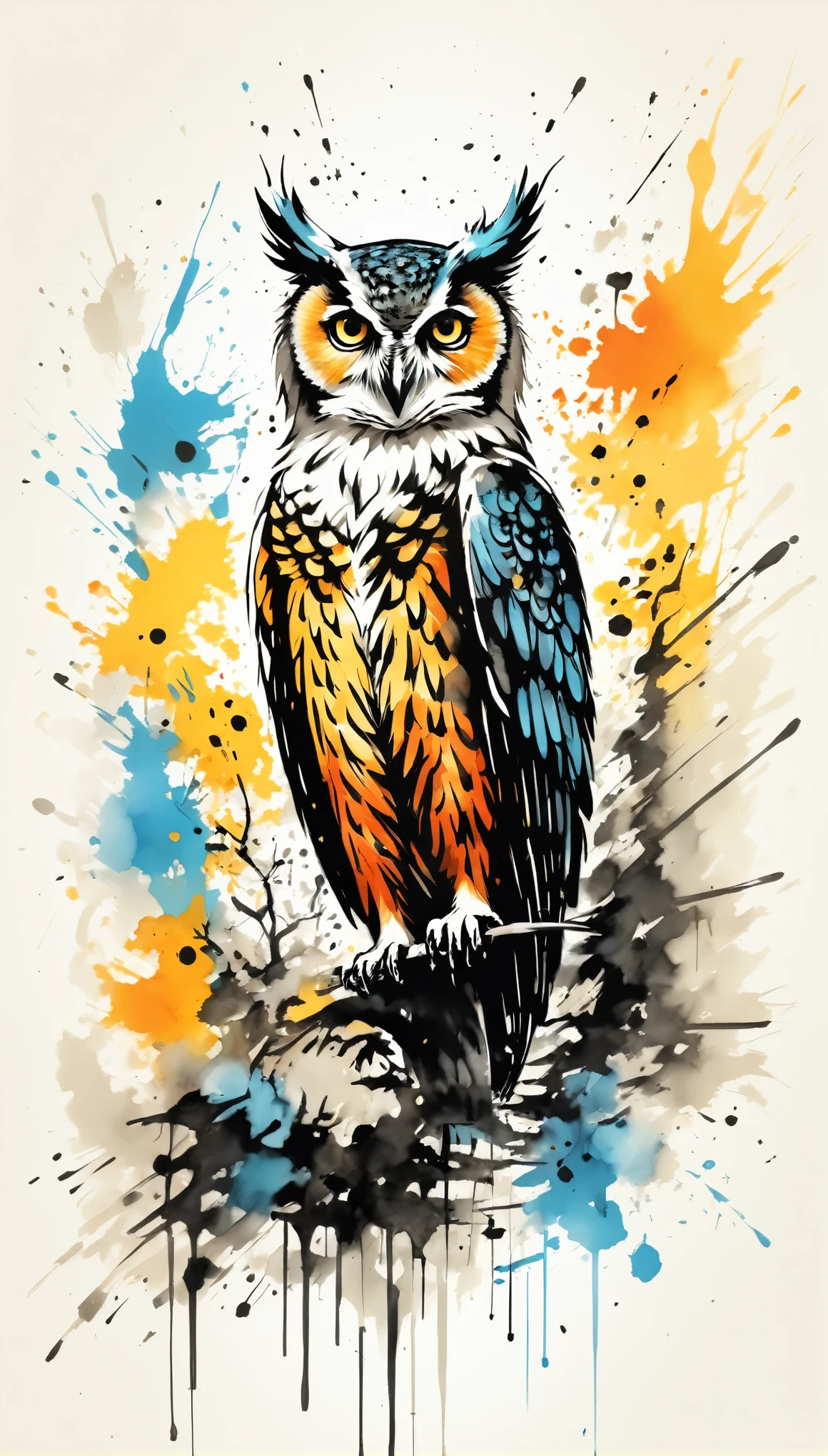 Vector Art, Colorful illustration with many owls, In the center, Vibrant colors,Graffiti Art,ink splatter,Wild and unrestrained,rich and colorful,visual impact,Modern aesthetic super detailed,
