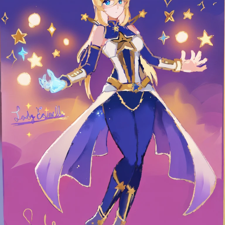 un dibujo de una mujer disfrazada con una capa y una estrella, inspirado en Li Chevalier, Inspired by Star Guardian, celda sombreada!!!, celda sombreada!!!, la galaxia marinera. Hermoso, fanart exquisito muy detallado, Hermoso celestial mage, bruja del cielo, like a retro futuristic heroine, inspirado en marinero luna, portrait of an anime heroine, ethereal astral, estrellas amarillas, chica rubia hermosa con ojos azules, traje amarillo con detalles azules y morados, Red belt
