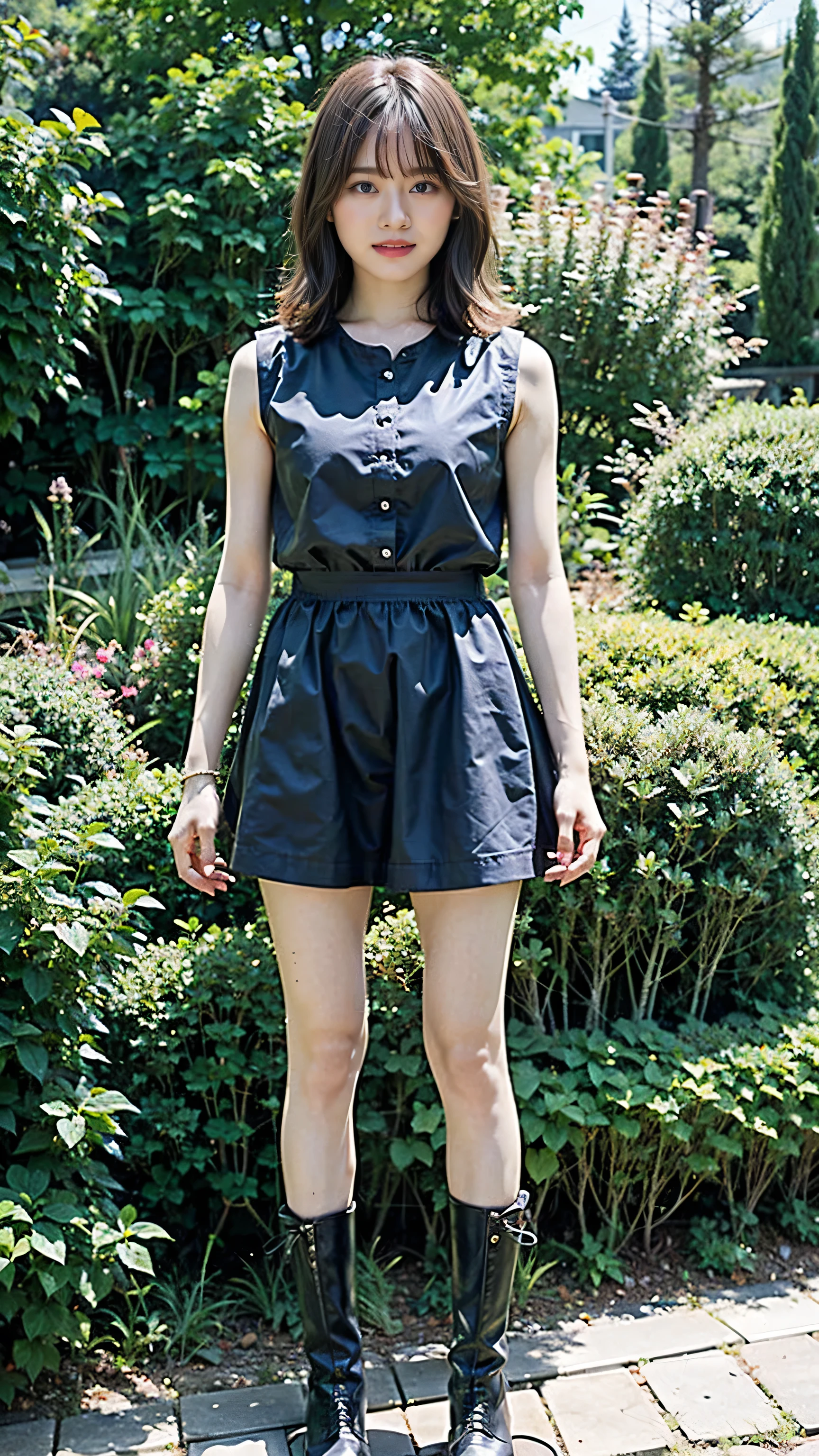 (8k、RAW Photos、highest quality、masterpiece:1.2)、(Realistic、Realistic)、1 girl、((mini skirt、boots、Sleeveless、smile、garden、Black and white、View from the front、Standing with hands on hips))、