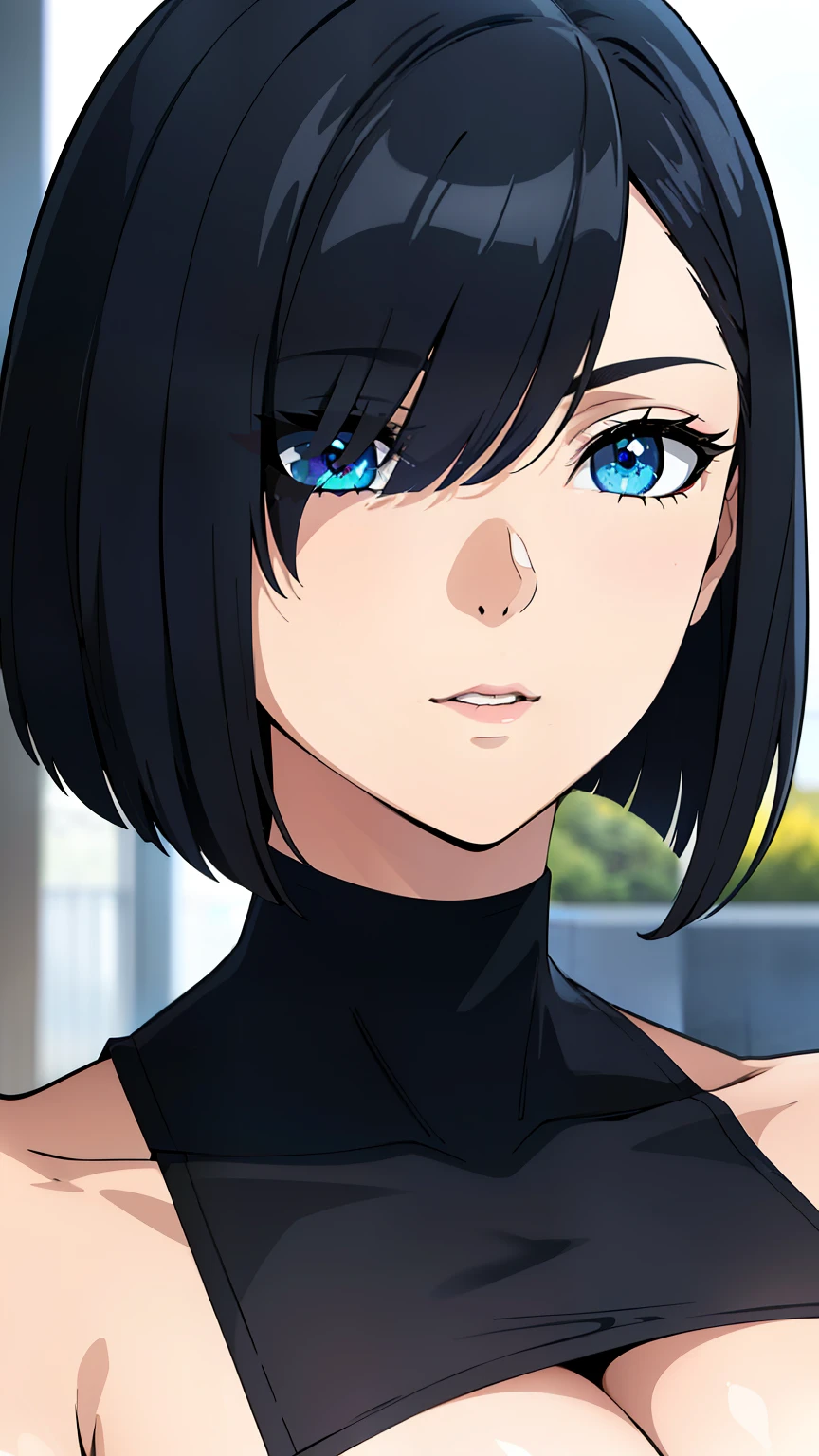 (best quality:1.5, highres, UHD, 4K, detailed eyes, detailed lighting, detailed hair, shaders), black hair, bob cut, hair covering one eye, cool woman, cool girl, sharp eyes, blue eyes, beautiful, large breasts, casual clothes, (pov, close shot)