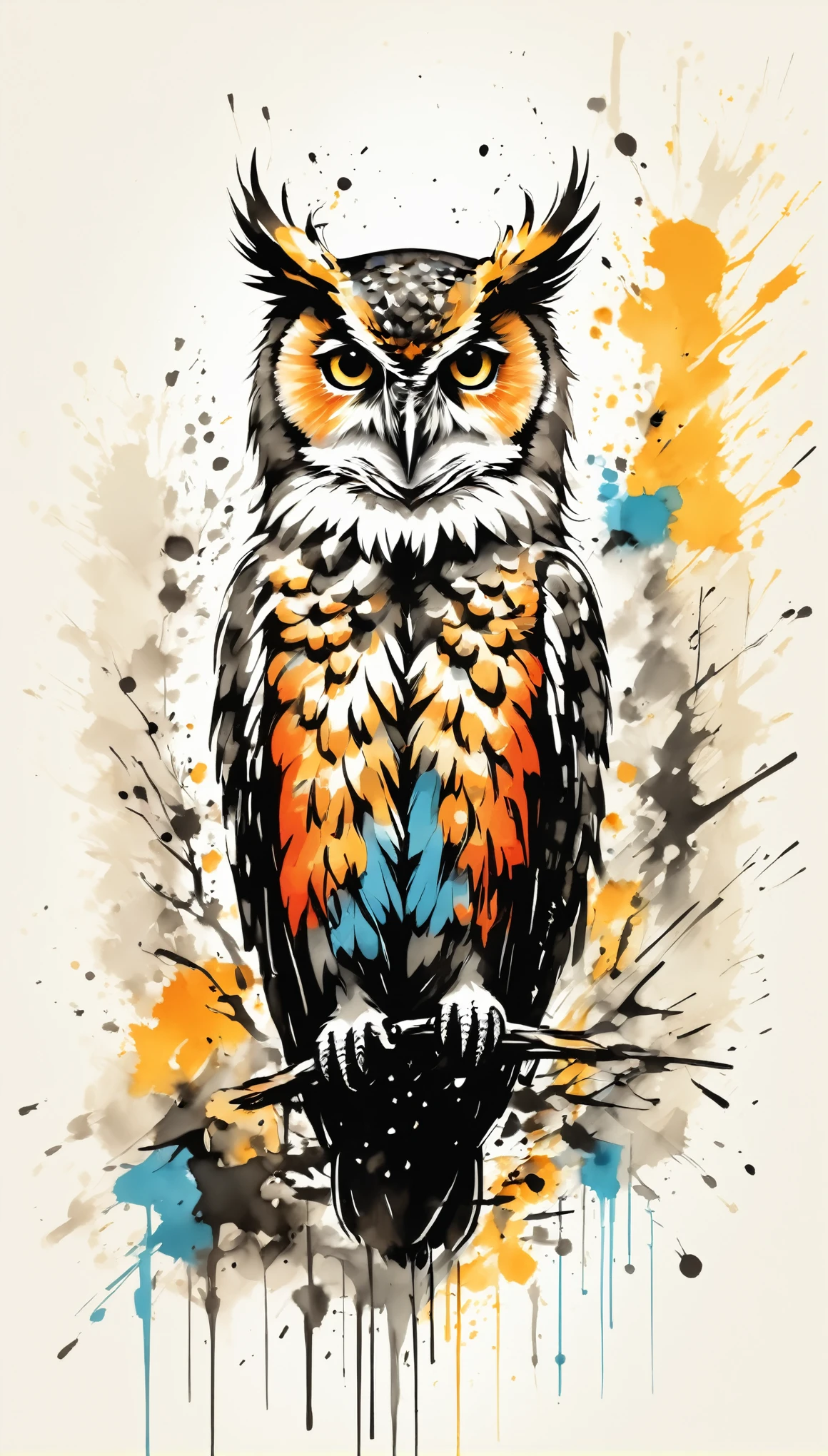 Vector Art, Colorful illustration with many owls, In the center, Vibrant colors,Graffiti Art,ink splatter,Wild and unrestrained,rich and colorful,visual impact,Modern aesthetic super detailed,
