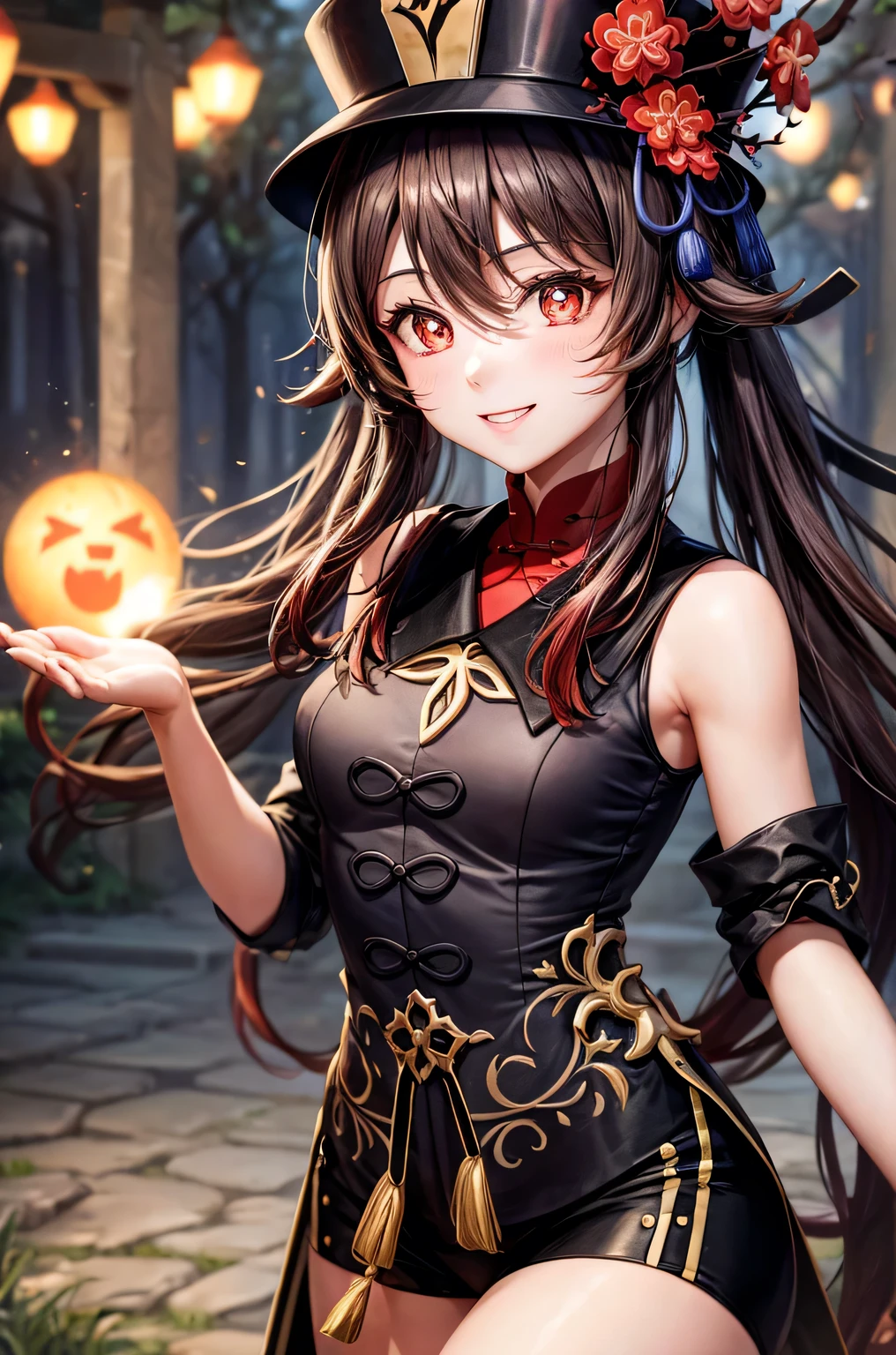 ((hutaodef)):1.5,((masterpiece,highest quality,Highly detailed images,Beautiful images、Realistic、Photorealistic、2.5D))((hutao images,A graveyard in a dark forest、Many gravestones、Fun pose、Bright natural light throughout、Backlight、A fantastic atmosphere、Dust flutters)),(Close-up image of hutao)、((small breasts))(smile)(Exposing shoulders、Separate sleeves)Deformed human soul
