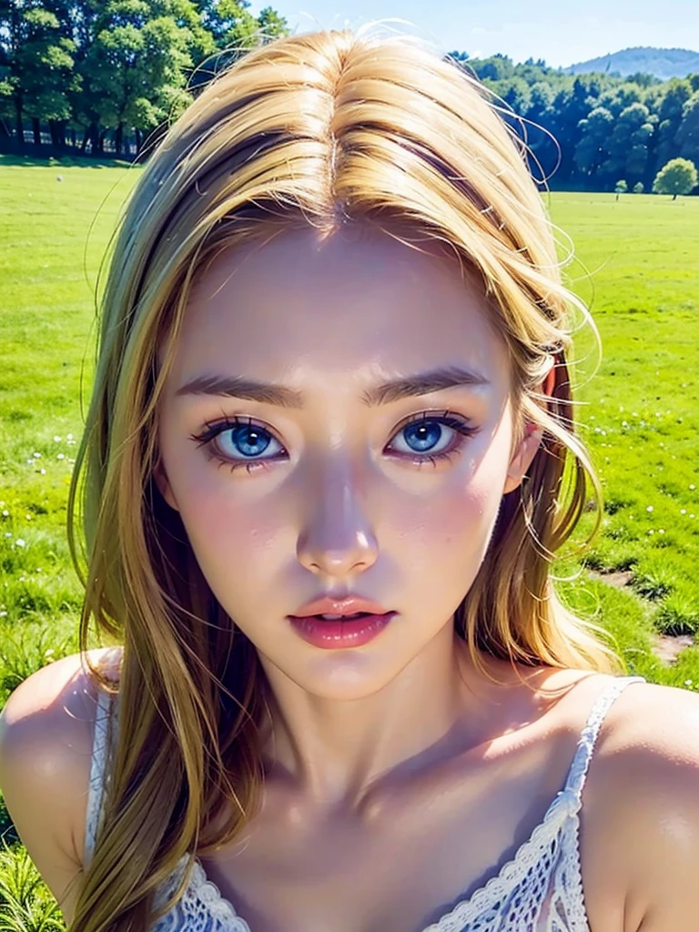 high resolution、Very beautiful woman、（Dasha Taran）、Thoughtful expression、Clear photos、Realistic photos、Blonde Hair、Blue Eyes、Beautiful Landscape、Angelic figure