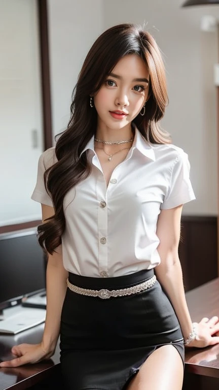 (High resolution 8K, Masterpiece, Only the best quality complicated details Chromatic aberration) realistic ((small breasts)) hair in one eye, purple eyes, big round hoop earrings, sharp eyes, Diamond choker, red gemstone, necklace, (symmetrical eyes), (Perfect symmetrical body), (Photos of beautiful girls, 21 years old), beautiful and charming with contemporary fashion drawings in the eyes of the viewer, ((Behind the large classroom) ), (black short skirt), (((tired ((white short sleeve shirt), ( Open the shirt and show off the small breasts.,Soft milk), no bra)), (open chest),)), ((black short pencil skirt )), (Long square leather belt), belly chain, ((Put your hands down)), (light brown bob, Chic, long brown hair, long blonde hair, cute hairstyle, (There is some hair covering the face...)), sharp eyeliner, eyes, eyelid, Blush with thick eyelashes Very delicate and beautiful. round chin. Sharp focus. elegant. (Open your legs to reveal your panties... In the middle of the study table.) (Open your legs by opening your legs....) (Open your legs and lift your right leg up.... your left leg (natural release) It's an attractive example..