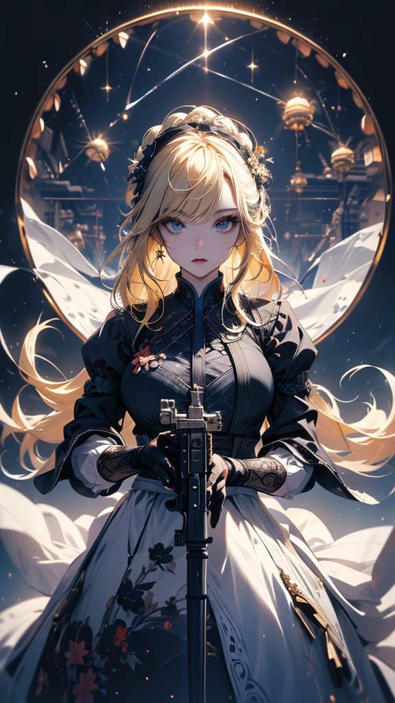 masterpiece, high quality, 4K, Beautiful design, silhouette,blonde, 非常に詳細な夜のStarry Sky,Flower Field, wonderful, Finer details, Very knowledgeable woman, Highly detailed solo, 1 female,Big Breasts,White Gothic Lolita Fashion,Rifle gun equipment,Night view,Starry Sky,full moon,