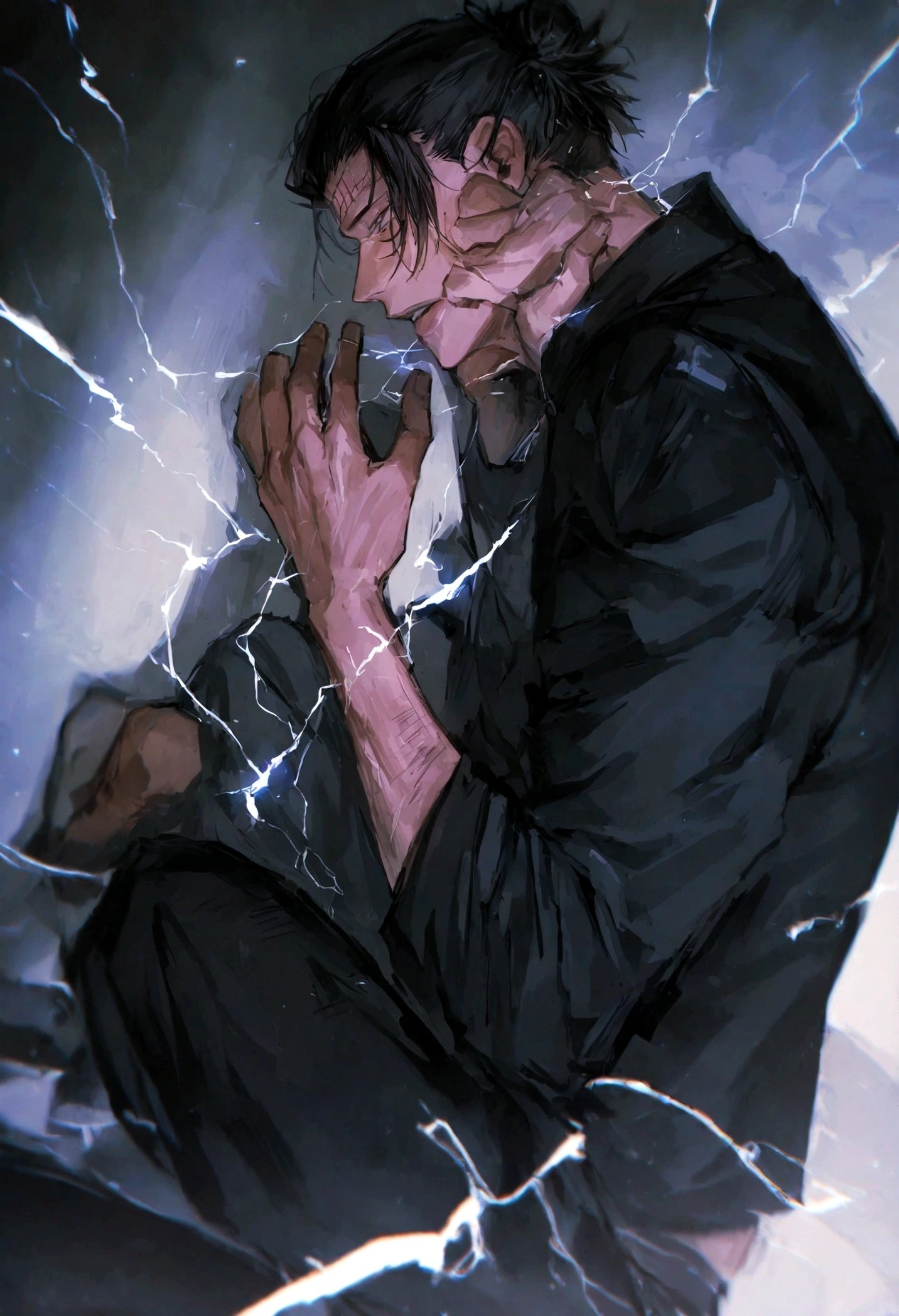 1 boy, Men's Center, Satoru gojou,Jujutsu Kaisen、Injury, electricity,, masterpiece, highest quality, so beautiful,