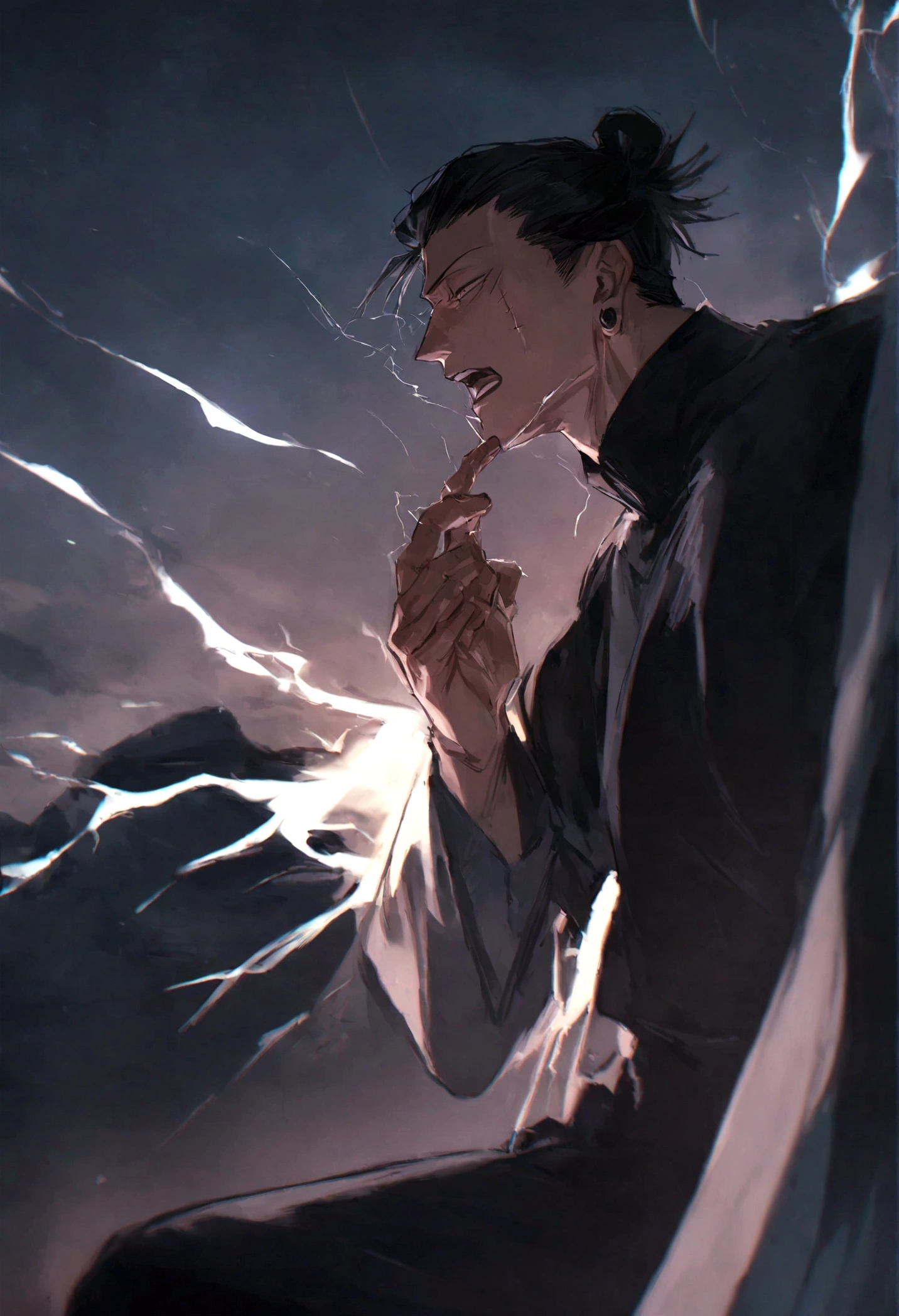 1 boy, Men's Center, Satoru gojou,Jujutsu Kaisen、Injury, electricity,, masterpiece, highest quality, so beautiful,