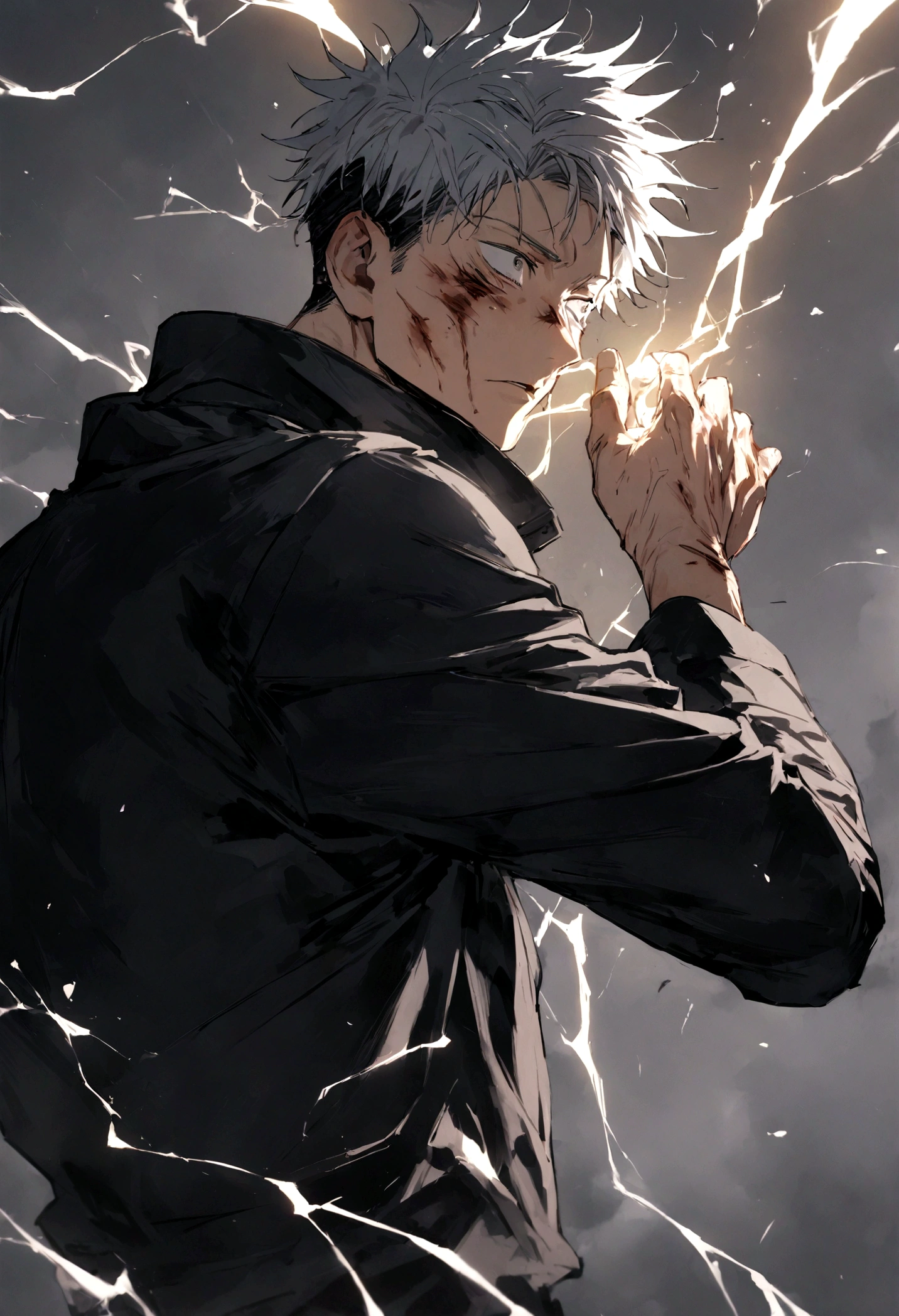 1 boy, Men&#39;s Center, Satoru gojou,Jujutsu Kaisen、Injury, electricity,, masterpiece, highest quality, so beautiful,