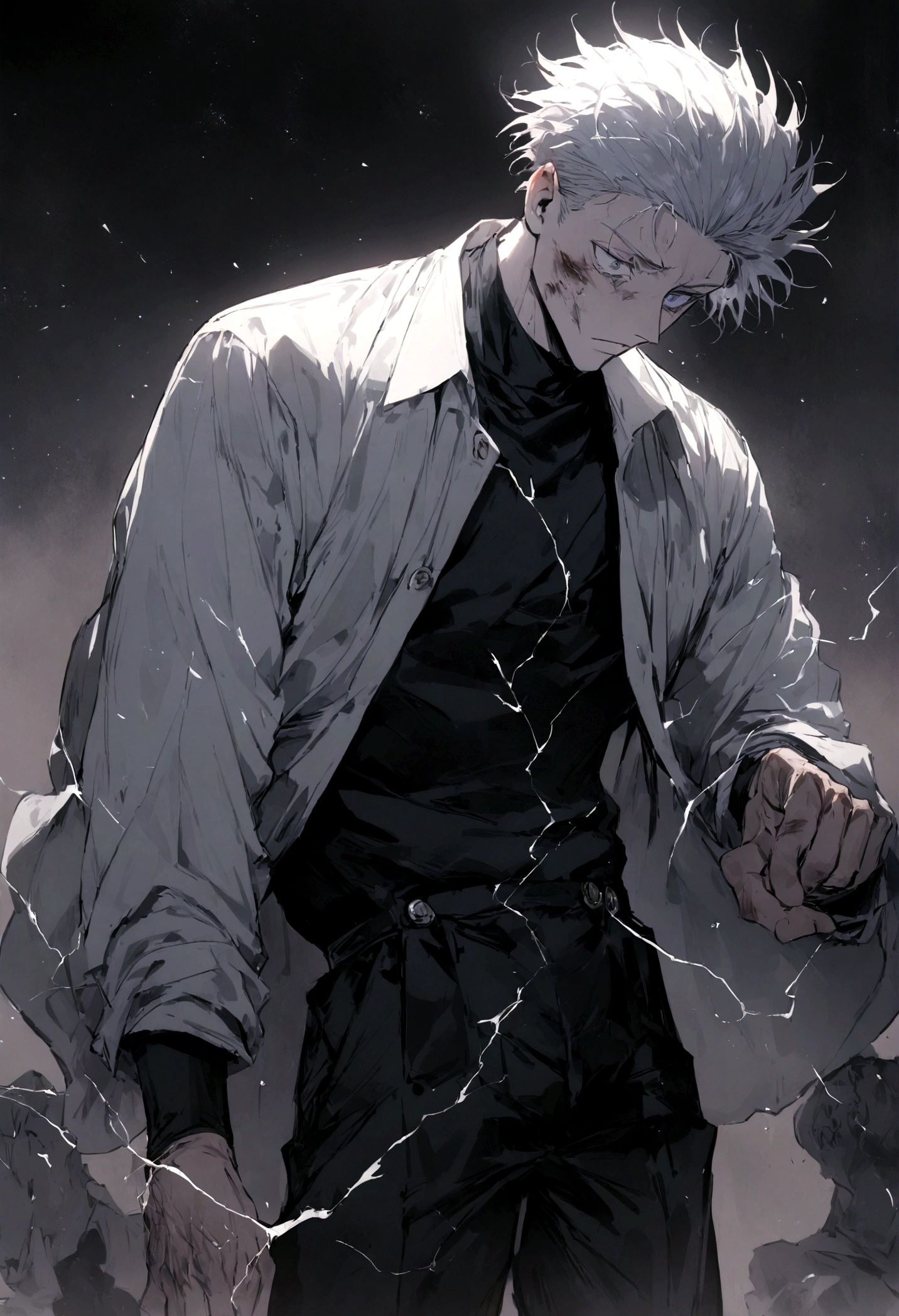 1 boy, Men's Center, Satoru gojou,Jujutsu Kaisen、Injury, electricity,, masterpiece, highest quality, so beautiful,