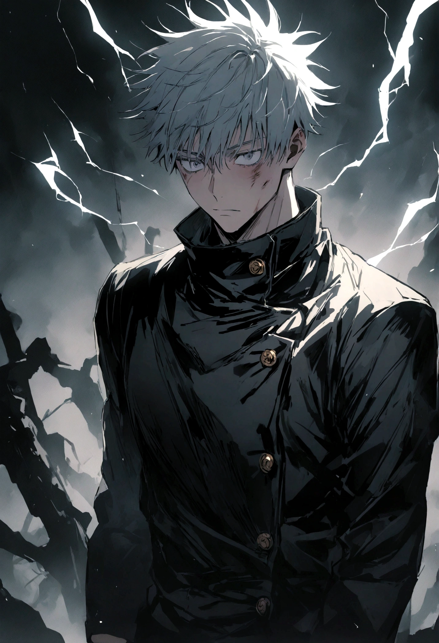 1 boy, Men's Center, Satoru gojou,Jujutsu Kaisen、Injury, electricity,, masterpiece, highest quality, so beautiful,
