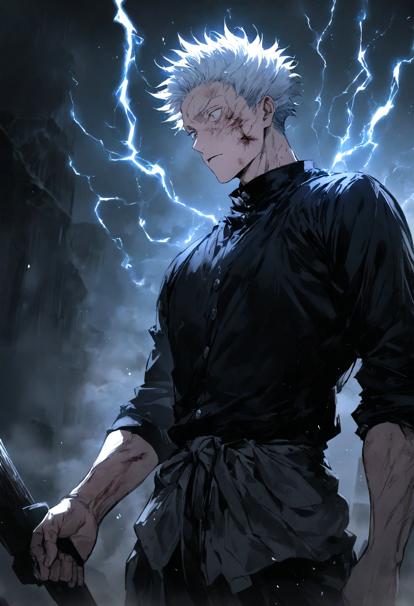 1 boy, Men's Center, Satoru gojou,Jujutsu Kaisen、Injury, electricity,, masterpiece, highest quality, so beautiful,