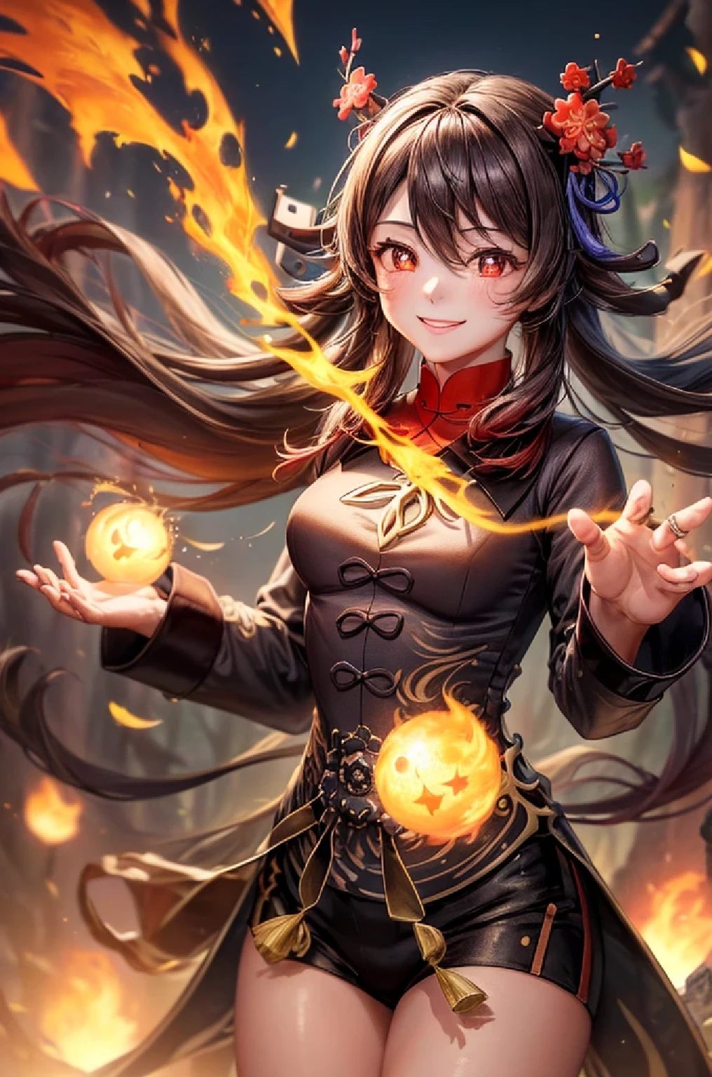 ((hutaodef)):1.5,((masterpiece,highest quality,Highly detailed images,Beautiful images、Realistic、Photorealistic、2.5D))((hutao images,A graveyard in a dark forest、Many gravestones、Jumping around、A dynamic pose、Bright natural light throughout、Backlight、A fantastic atmosphere、Dust flutters)),(Close-up image of hutao)、((small breasts))(smile)Fireballs floating in the air