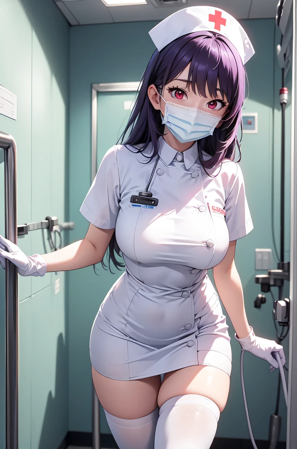 1woman, solo, nurse, white nurse cap, white nurse uniform, ((white legwear, zettai ryouiki)), white gloves, long hair, purple hair, red eyes, ((white surgical mask, covered nose)), standing, ((hospital room)), sharp outline, short sleeves, mature female, 35 years old, best quality, masterpiece
