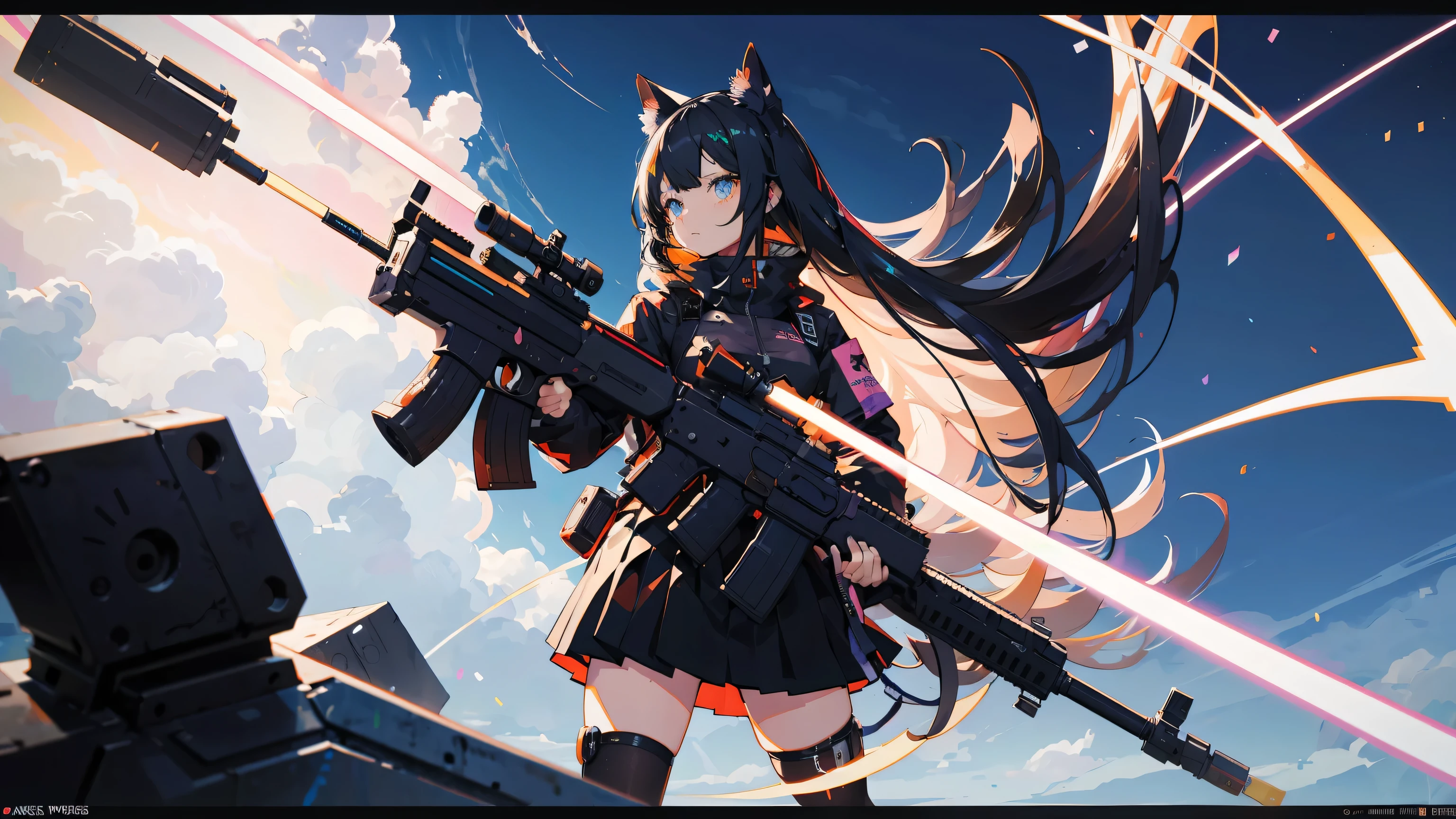 Anime girl with black hair and cat hat, Anime-style illustrations, Moe art style, Wallpaper 8K, Digital Illustration, Beautiful cat girl, futuristic fashion in black and Holographic colors, There are lots of details and buttons, Cable coming out of sleeve, The background features a simple pattern with weapons motifs., Purple and Black, arms,weapons, Holographic, Holo Details,Anime girl with gun and futuristic outfit, M4 Sopmod II Girls Frontline, Anime Machine Gun Shooting, Mechanized Soldier Girl, Railgun, Best Anime 4K Konachan Wallpaper, Fine details. Girls&#39; Frontline, Digital Cyberpunk - Anime Art, Girls Frontline Style, From Girls Frontline, Cyberpunk Anime Girl, Cyberpunk anime art, Nightcore, anime cyberpunk art