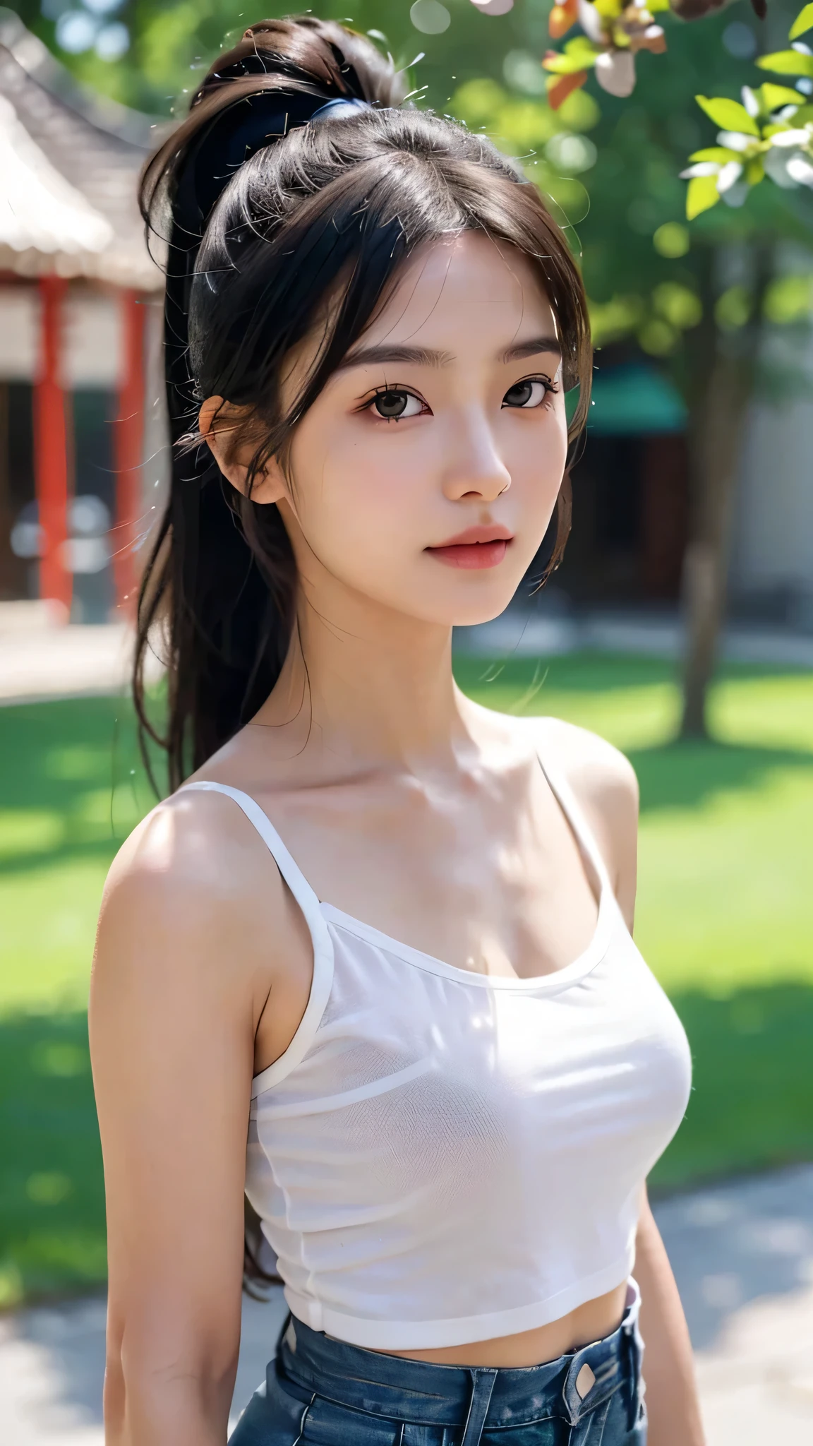 Black underwear shows through the T-shirts with wide neck openings,Bra straps are showing,jeans,outdoors,Urban Park,On the lawn,One woman,close up face,fully body photo,masutepiece, The highest image quality, High quality, the background is clear,Beautiful woman, Japanese, Detailed, Detailed eyes, Detailed skin, Beautiful skin, 超hight resolution, (reality: 1.4),Very beautiful woman, Slightly younger face, Beautiful skin, slender, (Ultra photo realsisim), (hight resolution), (8K), (Very detailed) (beautifully detailed eyes), (super detailed), (Detailed face), view the viewer, Fine details, Detailed face, Staring straight ahead, Staring straight ahead, photos realistic, Bright lighting, Professional Lighting, Black hair,poneyTail,a baby face,sixteen years old,Hairstyle: ponytail,Long ponytail hairstyle,slight smile,