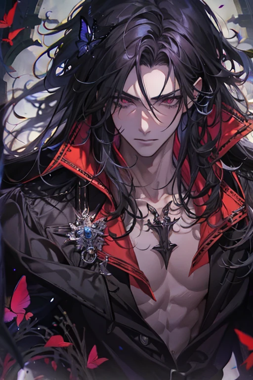 (Absurd, High resolution, Super detailed), 1 male, boy, Adult, good looking, Tall and muscular man, Broad shoulders, Detailed eyes and face, Very long black hair, Red eyes, good looking, Fantasy, Gothic, Fantastic Light and Shadow, scenery, Portraiture, Vampire Fangs, Open your mouth, sexy, Charm, whole body, Red clothes,Eyepatch on right eye,butterfly々,Enchanting,Male,Sexy