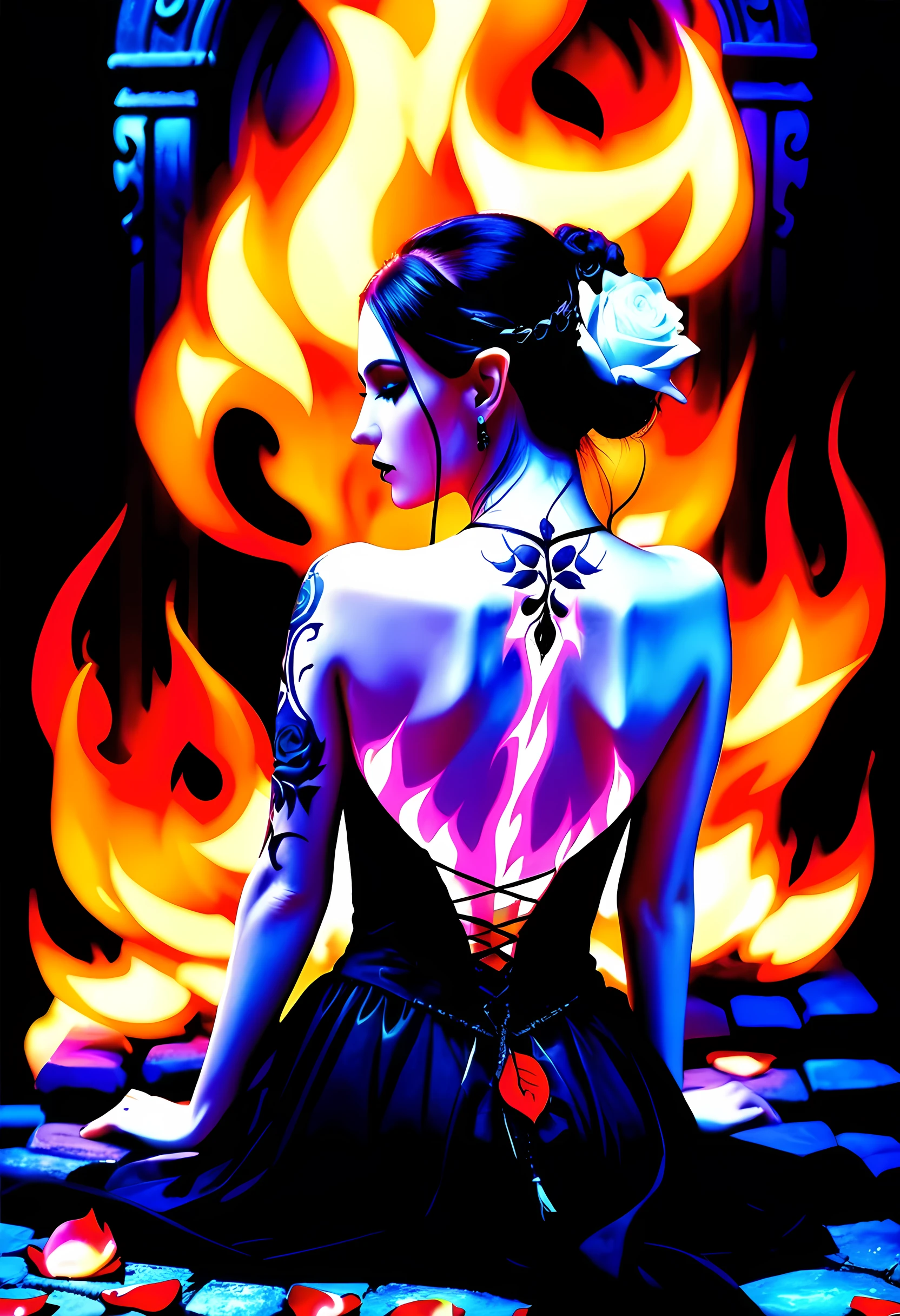 Arafed, Dark fantasy art, fantasy art, goth art, a picture of a tattoo on the back of a female elf, a glowing tattoo of a ((white rose: 1.3)) on the elf's back, the ((rose tattoo)) is vivid, intricate detailed coming to life from the ink to real life, GlowingRunesAI_purple, ((fire surrounds the rose petals: 1.5)), shot taken from the back, ((the back is visible: 1.3), she wears a transparent  black dress, bare back, the dress is elegant, flowing, elven style, that the (tattoos glow: 1.1), dynamic hair color, dynamic hair style, faize, trimmed dress, frills, velvet corset, strapless,