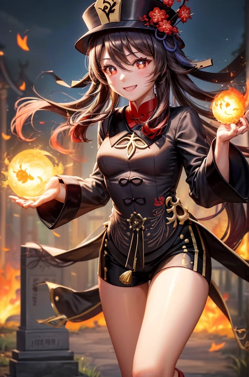 ((hutaodef)):1.5,((masterpiece,highest quality,Highly detailed images,Beautiful images、Realistic、Photorealistic、2.5D))((hutao images,A graveyard in a dark forest、Many gravestones、Jumping around、A dynamic pose、Bright natural light throughout、Backlight、A fantastic atmosphere、Dust flutters)),(Close-up image of hutao)、((small breasts))(smile)Fireballs floating in the air