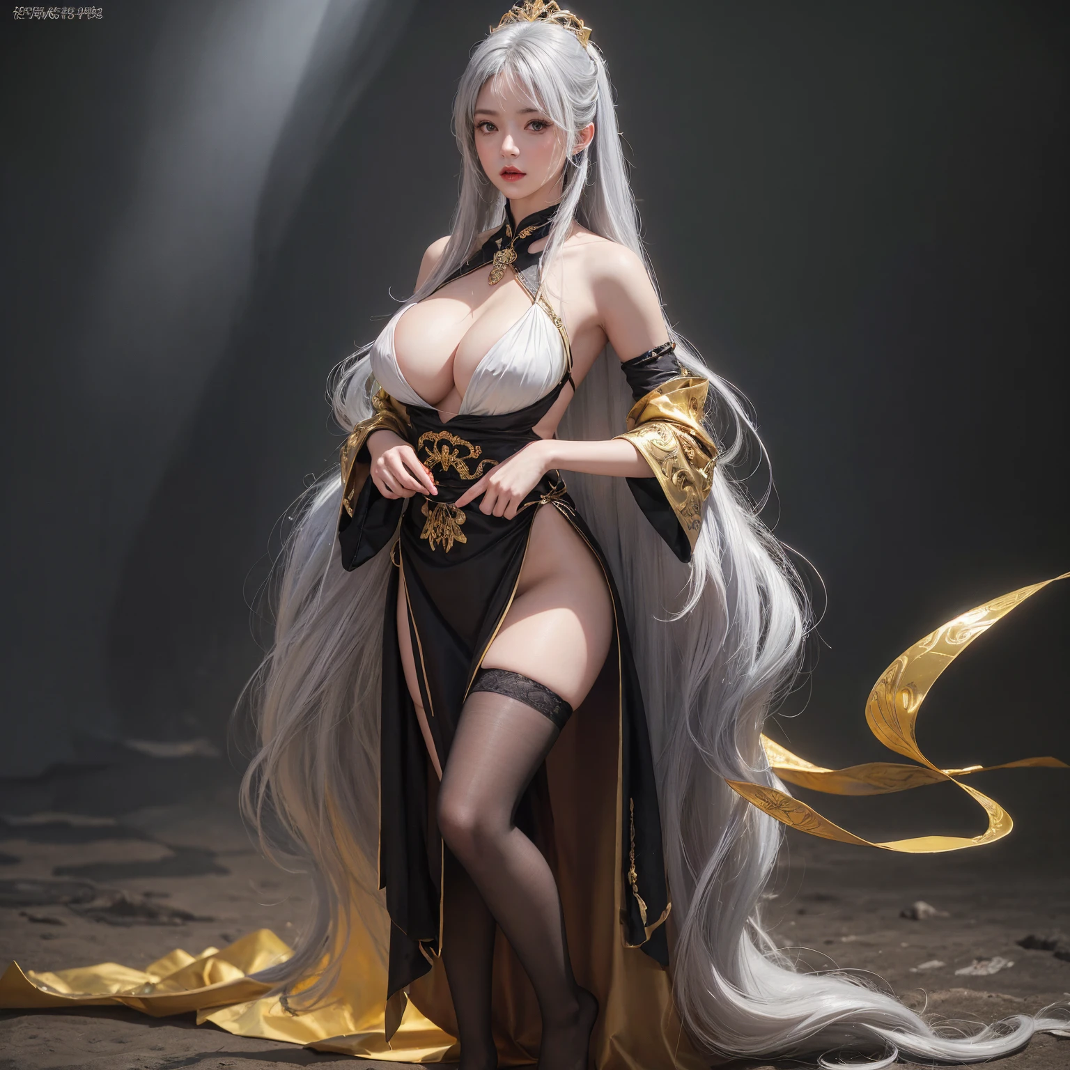realistic, high resolution, 1 woman, mature woman, alone, Tattoo, gray hair, long hair, assembly, red lips, queen dress, Image from head to toe, only standing, standing full body image, realistic, high resolution, 오직 1 woman, 오직 alone, look at the viewer, (detailed face), gray hair, silver hair, long hair, feet up, beautiful eyes, Huge big breasts that are about to explode, golden armor, BLACK & GOLD gi, transparent, pantyhose, bare shoulders, Dripping tops, Visible nipples, look at the viewer, Orientalism, My chest is very hollow, breasts fully exposed, glamour, K cup, Bewitching, Crotch that is barely visible, ancient japanese background, realistic hands, realistic feet and legs, live action, Banla, masterpiece, very pretty face, Exposed breasts, 2 hands with 5 fingers each, Two feet with five toes each, Yukdeok, Voluptuousness