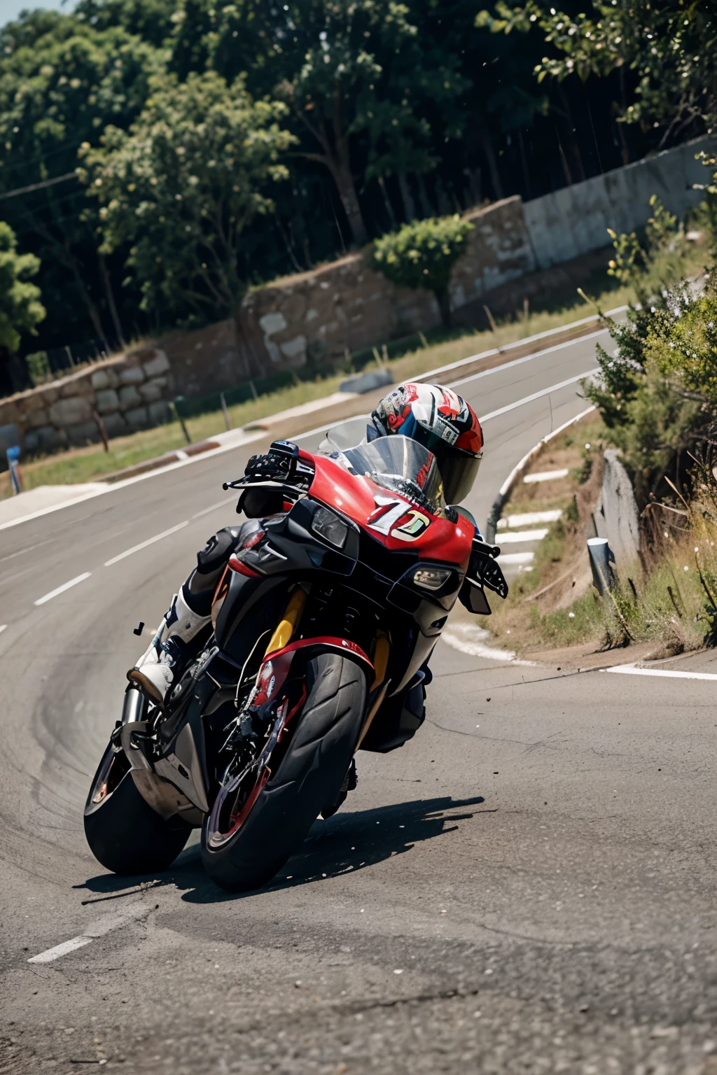 *Visual Description*: La moto de Carlos derrapa en la curva. Rear wheels lose traction, and Carlos is about to fall.