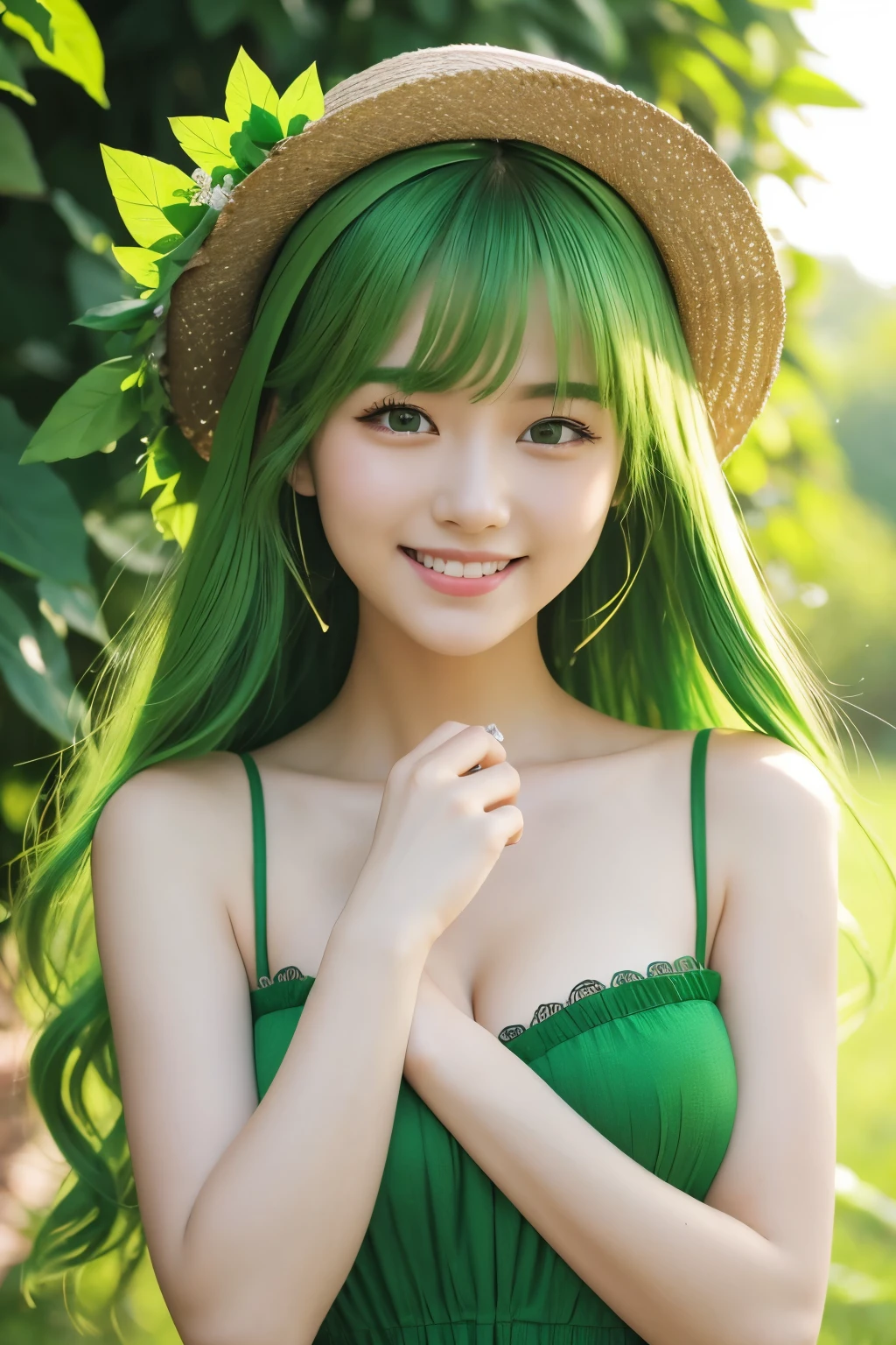 Green background、Green flowers、Green Dress、Green hat hair accessory、Cherish the color green、Cute Girlfriend、smile、Green face、A girl who looks good in green、Green Hair、All green、Fantasy、Big Breasts、Green decoration、Green decoration、Green Wall、