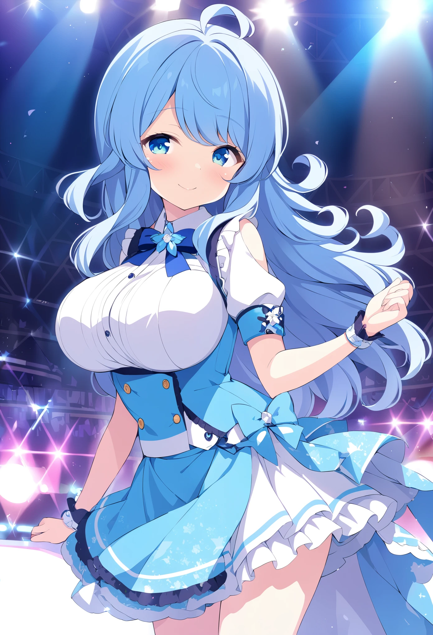 NARUMISHIRABE, LIGHT BLUE HAIR, AHOGE, BANGS, WAVY HAIR, LONG HAIR, BLUE EYES,, large breasts,, Live Stage, solo,